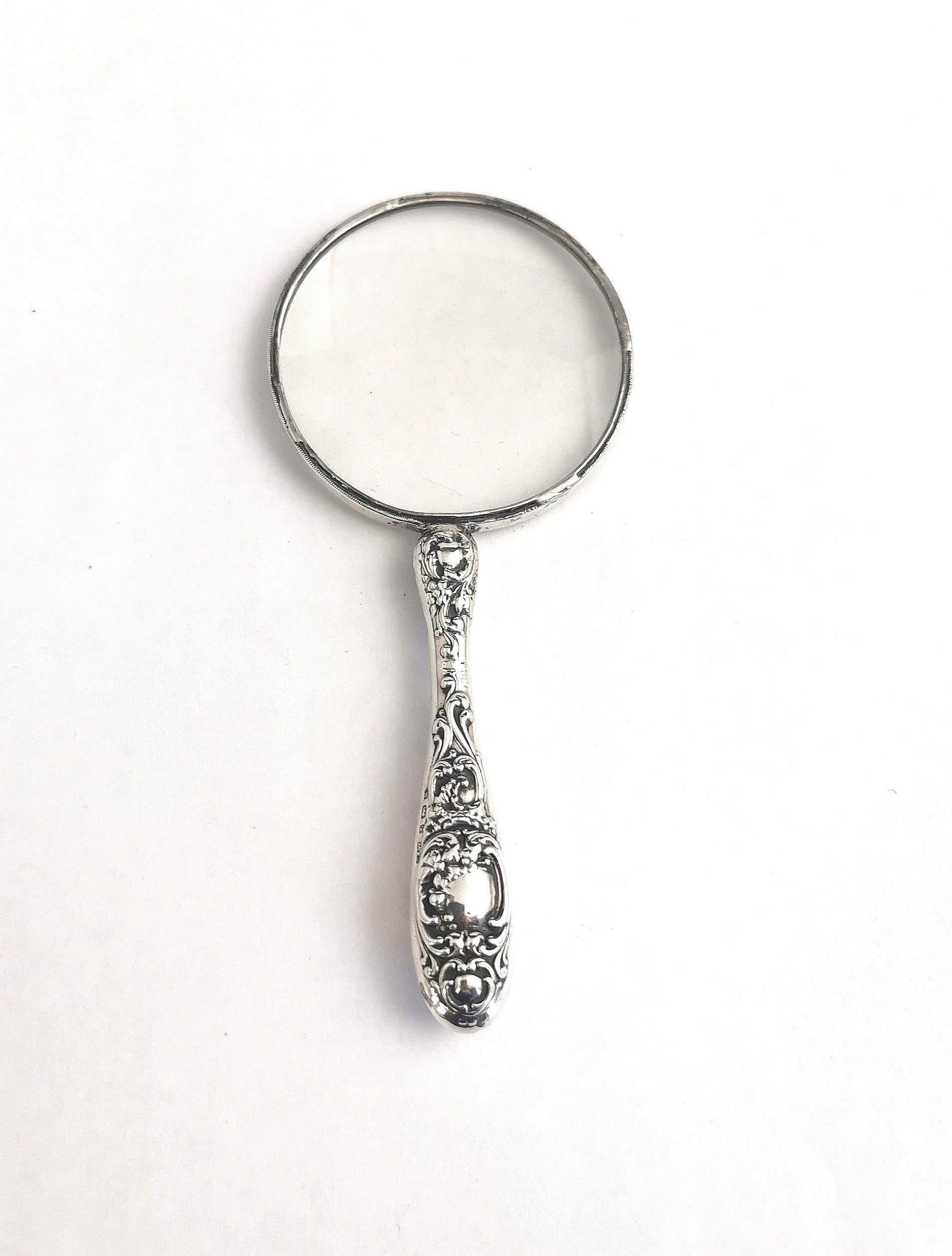 Antique Victorian Sterling Silver Magnifying Glass, Repousse 5
