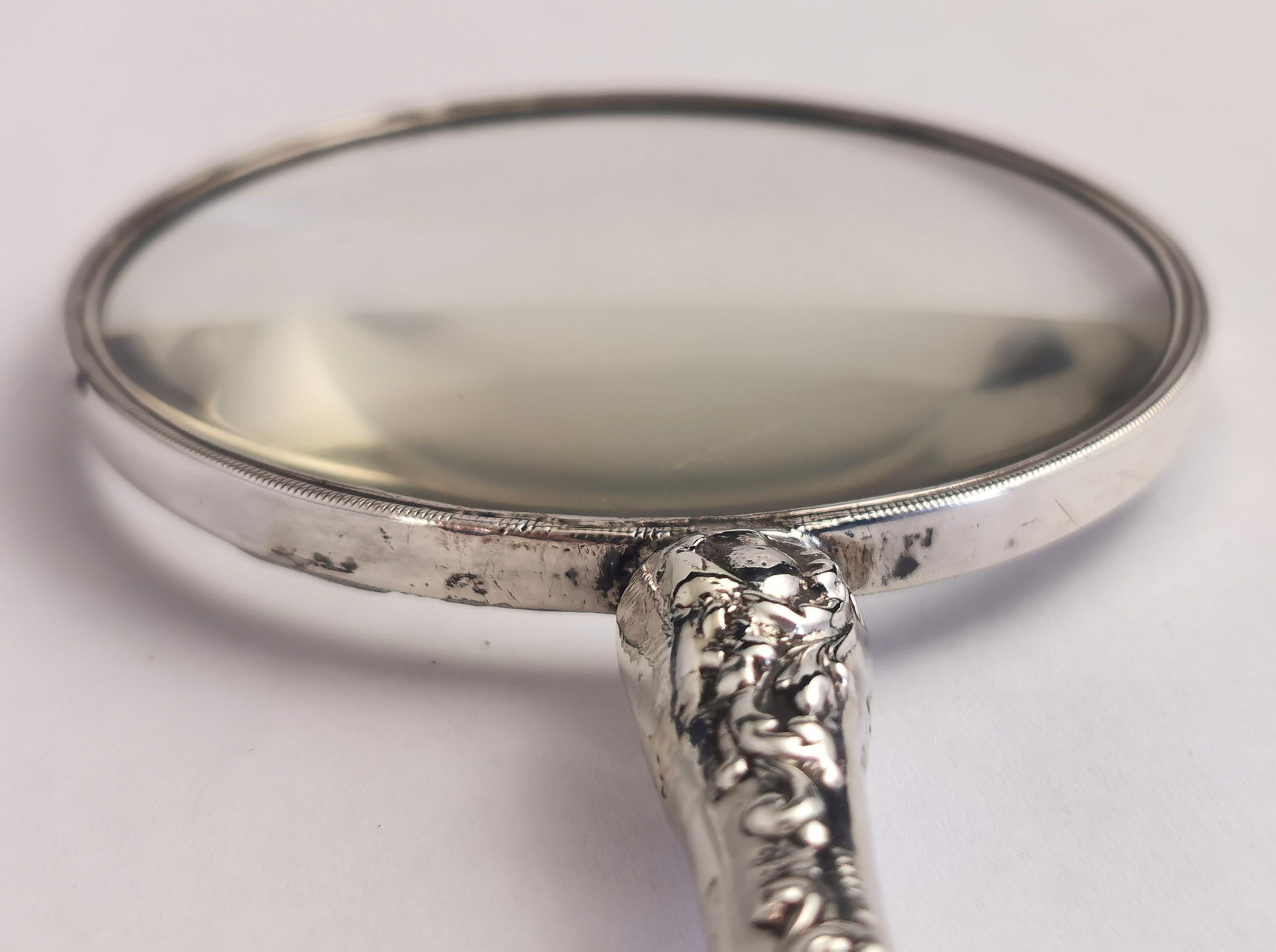 Antique Victorian Sterling Silver Magnifying Glass, Repousse 8