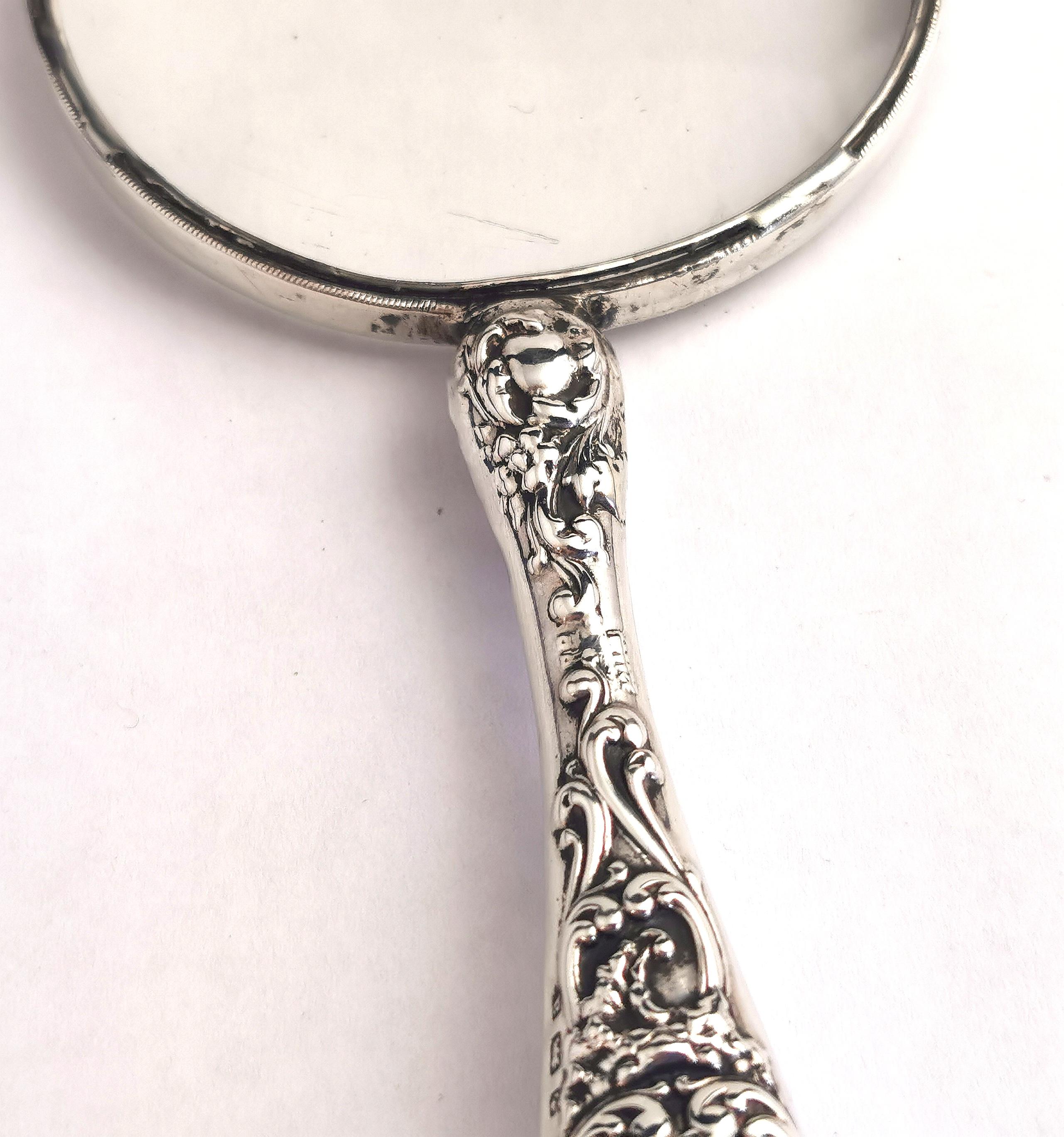 Antique Victorian Sterling Silver Magnifying Glass, Repousse 3