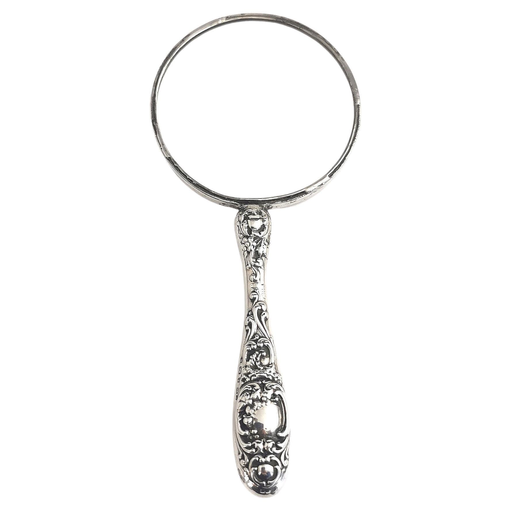 Antique Victorian Sterling Silver Magnifying Glass, Repousse