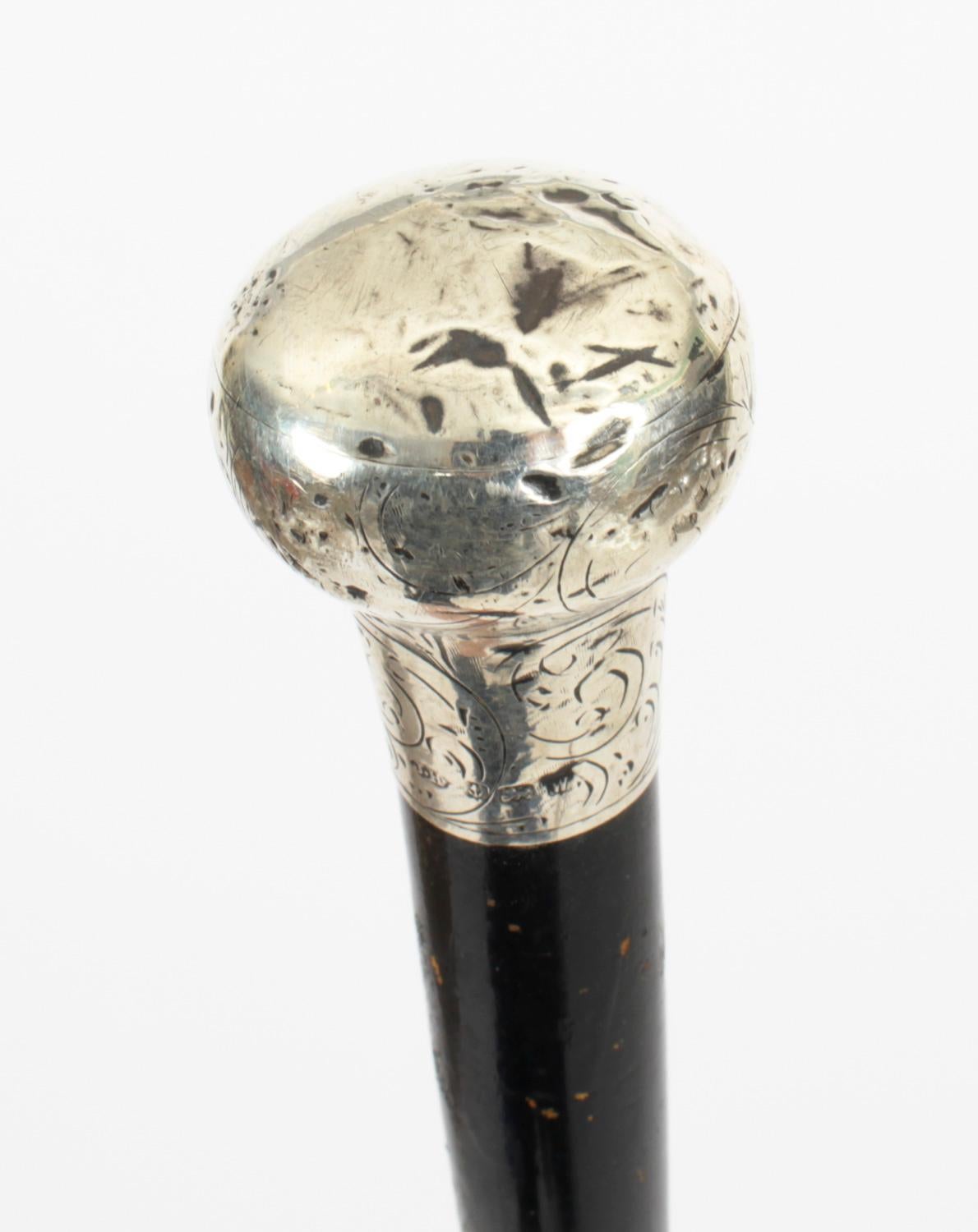 Late 19th Century Antique Victorian Sterling Silver & Malacca Walking Stick 1871, 19th C