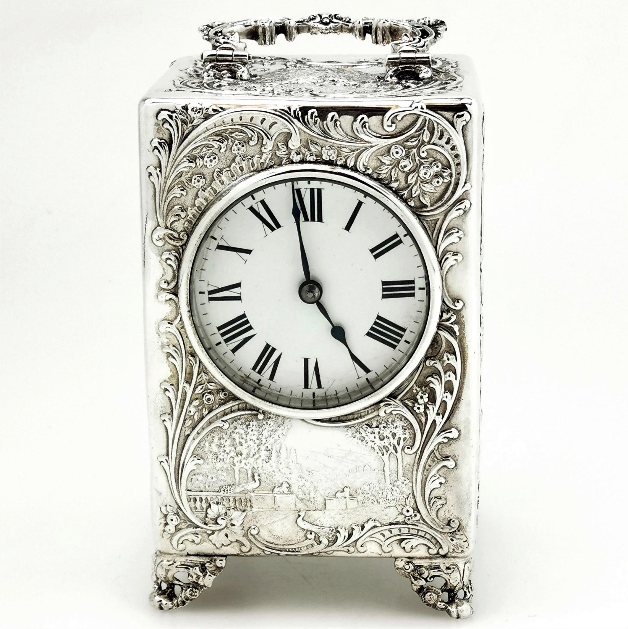 Victorien Pendule de cheminée victorienne ancienne en argent sterling, 1899 en vente