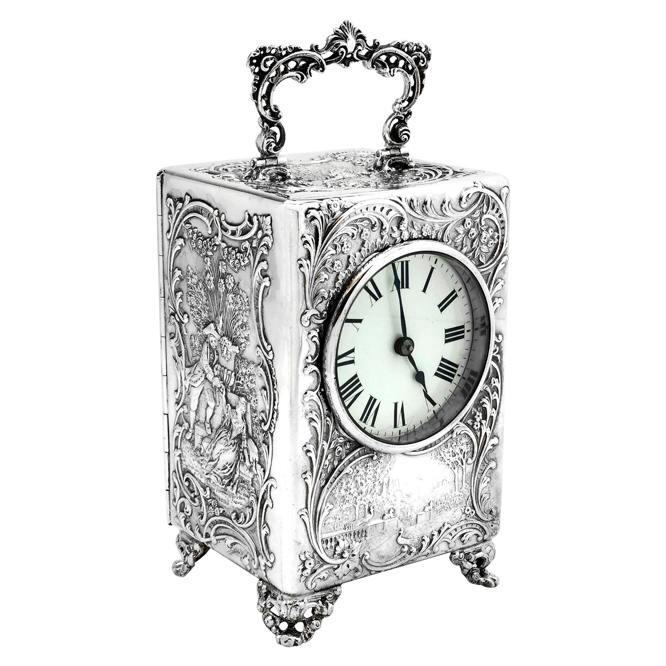 Antique Victorian Sterling Silver Mantle Carriage Clock, 1899 For Sale