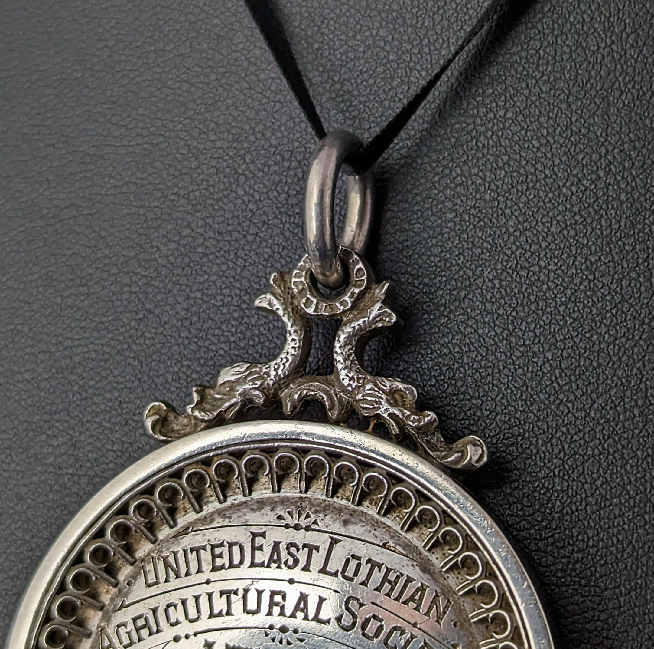 Women's or Men's Antique Victorian sterling silver medal pendant, Medallion, Agriculture  For Sale