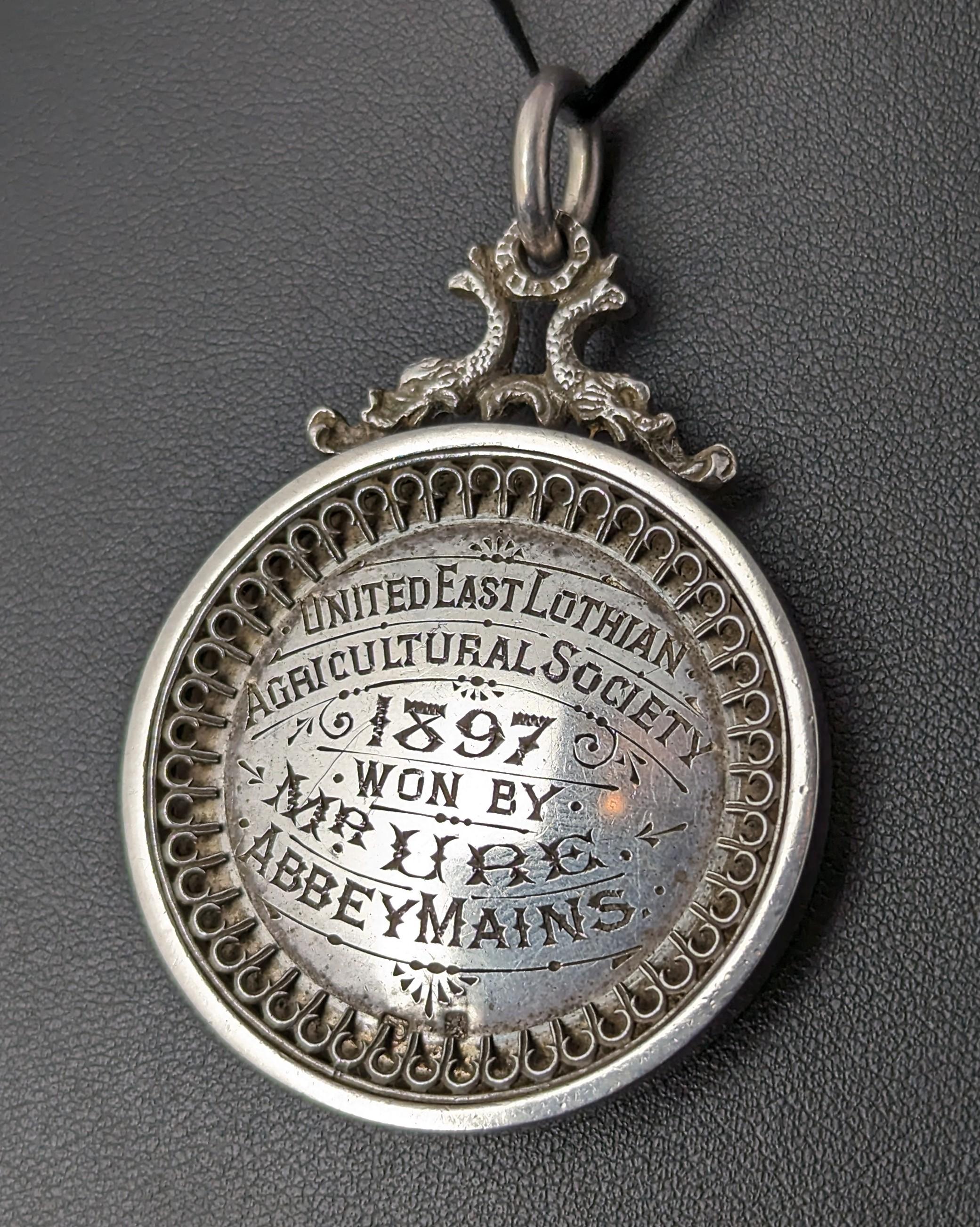Antique Victorian sterling silver medal pendant, Medallion, Agriculture  For Sale 1