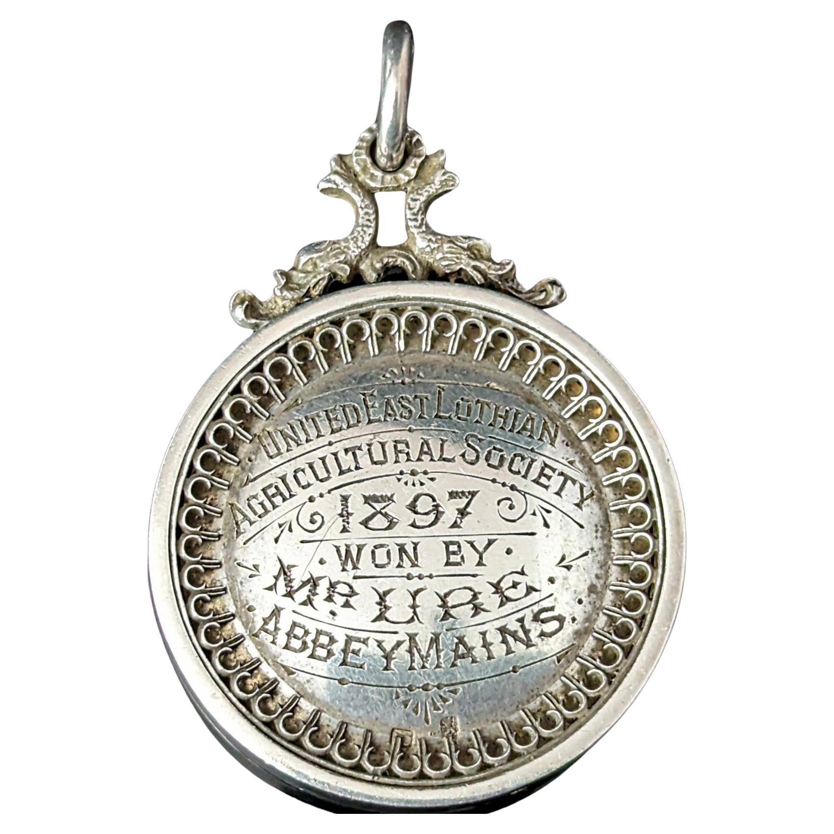 Antique Victorian sterling silver medal pendant, Medallion, Agriculture  For Sale