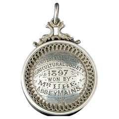 Antique Victorian sterling silver medal pendant, Medallion, Agriculture 