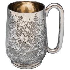 Antique Victorian Sterling Silver Mug with Floral Engraving, Hallmarked in 1885
