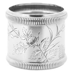 Antique Victorian Sterling Silver Napkin Ring with Ferns, Flowers, & Leaves