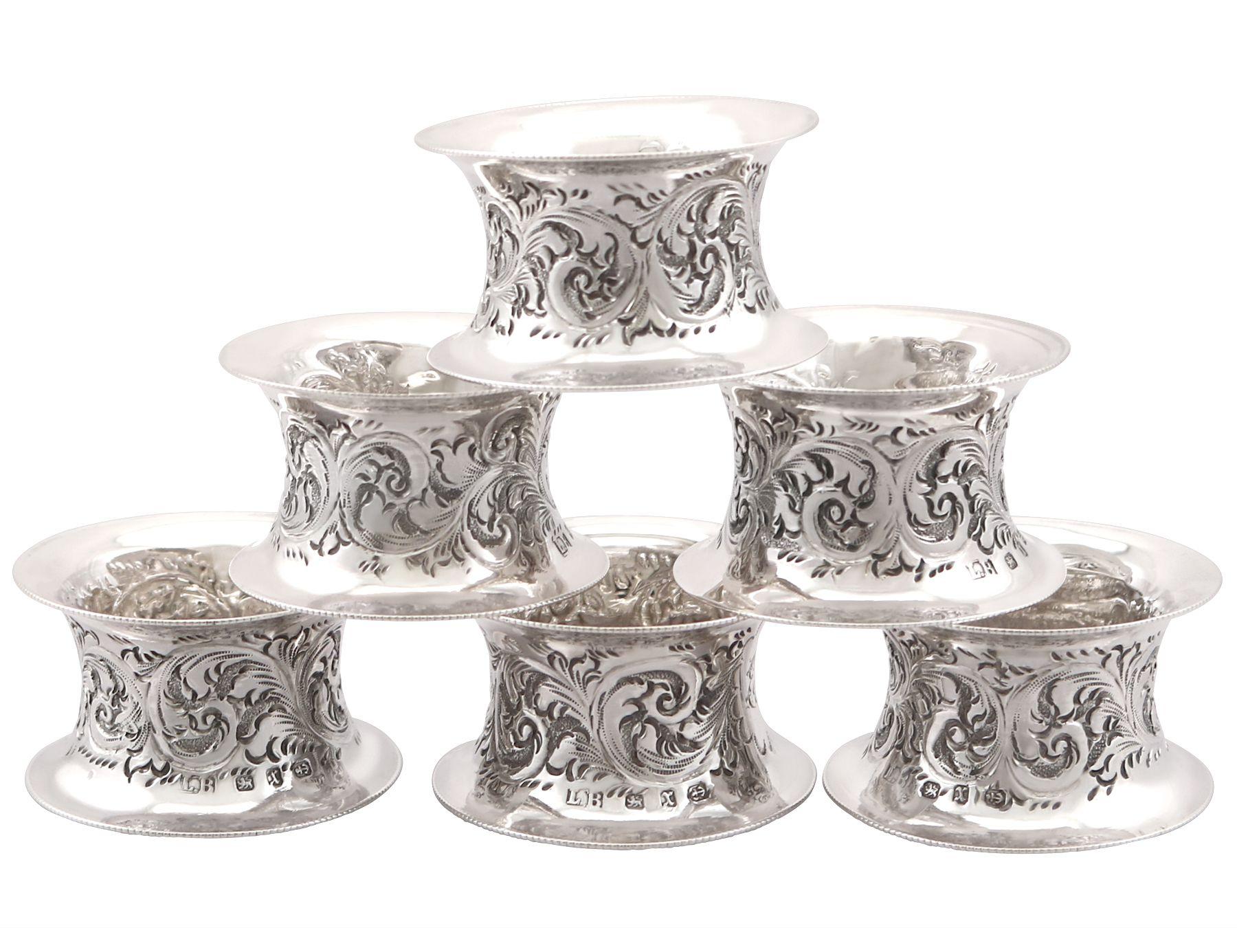 British Antique Victorian Sterling Silver Napkin Rings Set of Six