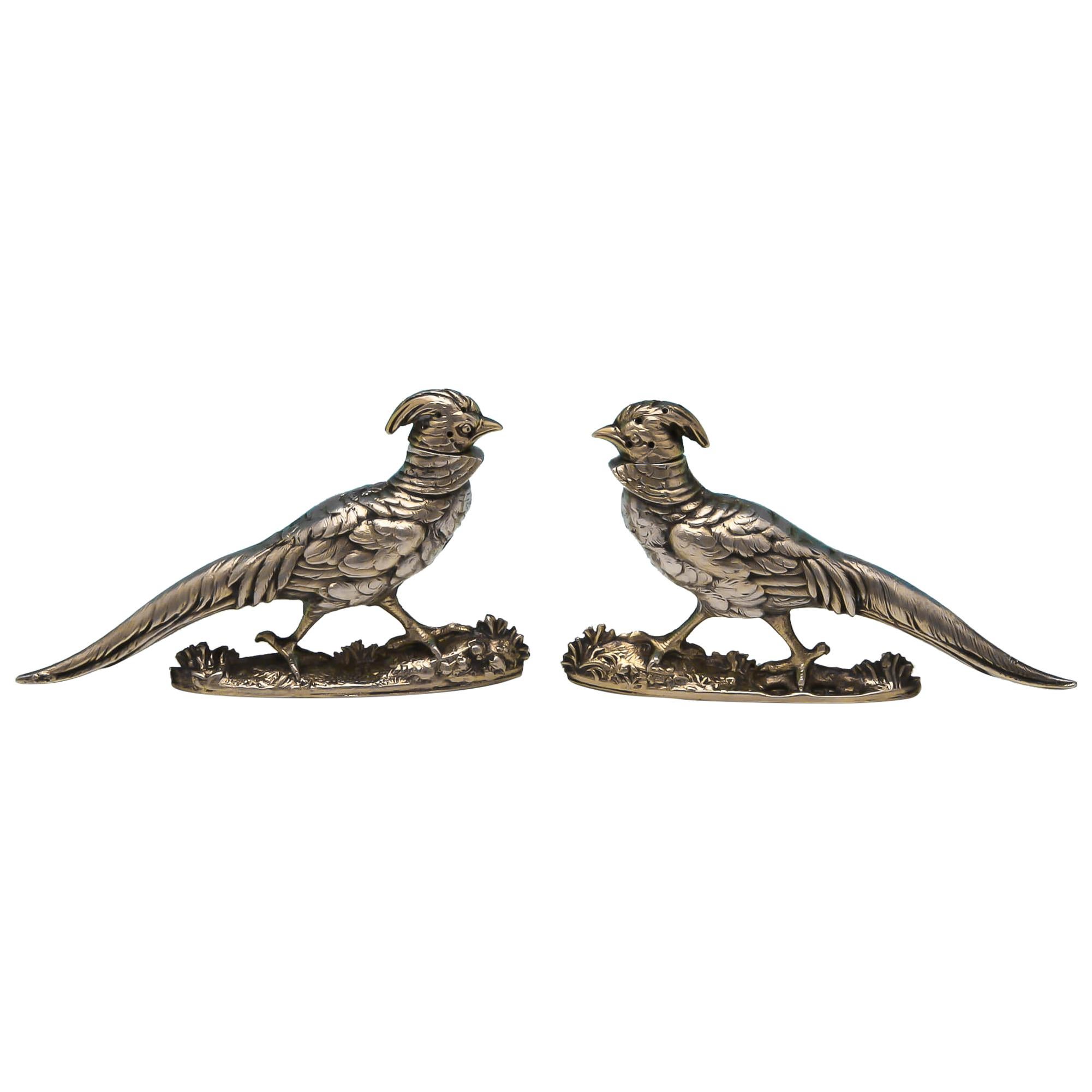 Antique Victorian Sterling Silver Novelty Pepper Pots in the Form of Pheasants For Sale