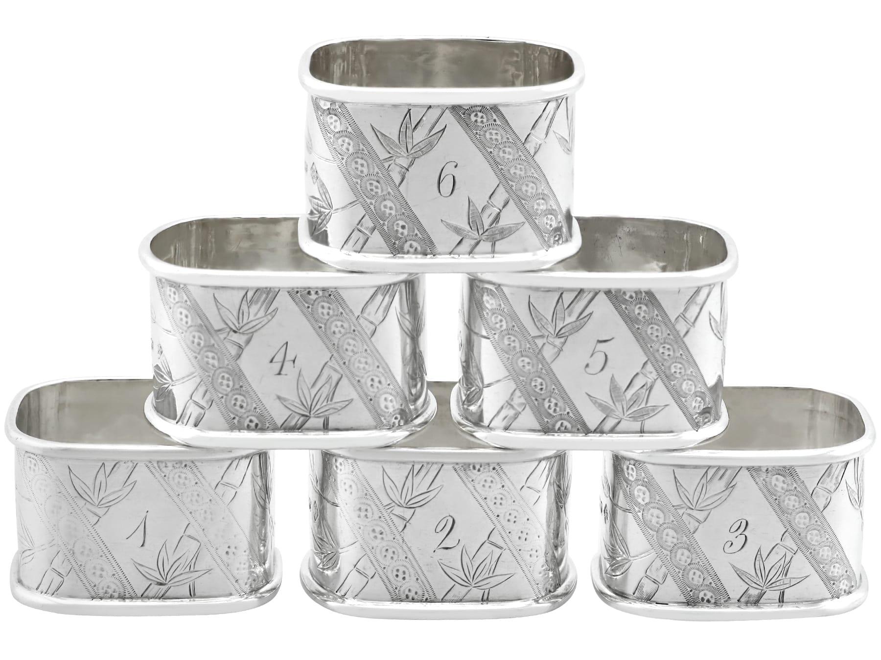 An exceptional, fine and impressive set of six individually numbered antique Victorian English sterling silver Aesthetic style napkin rings - boxed; part of our silver dining collection

This exceptional, fine and impressive set of antique