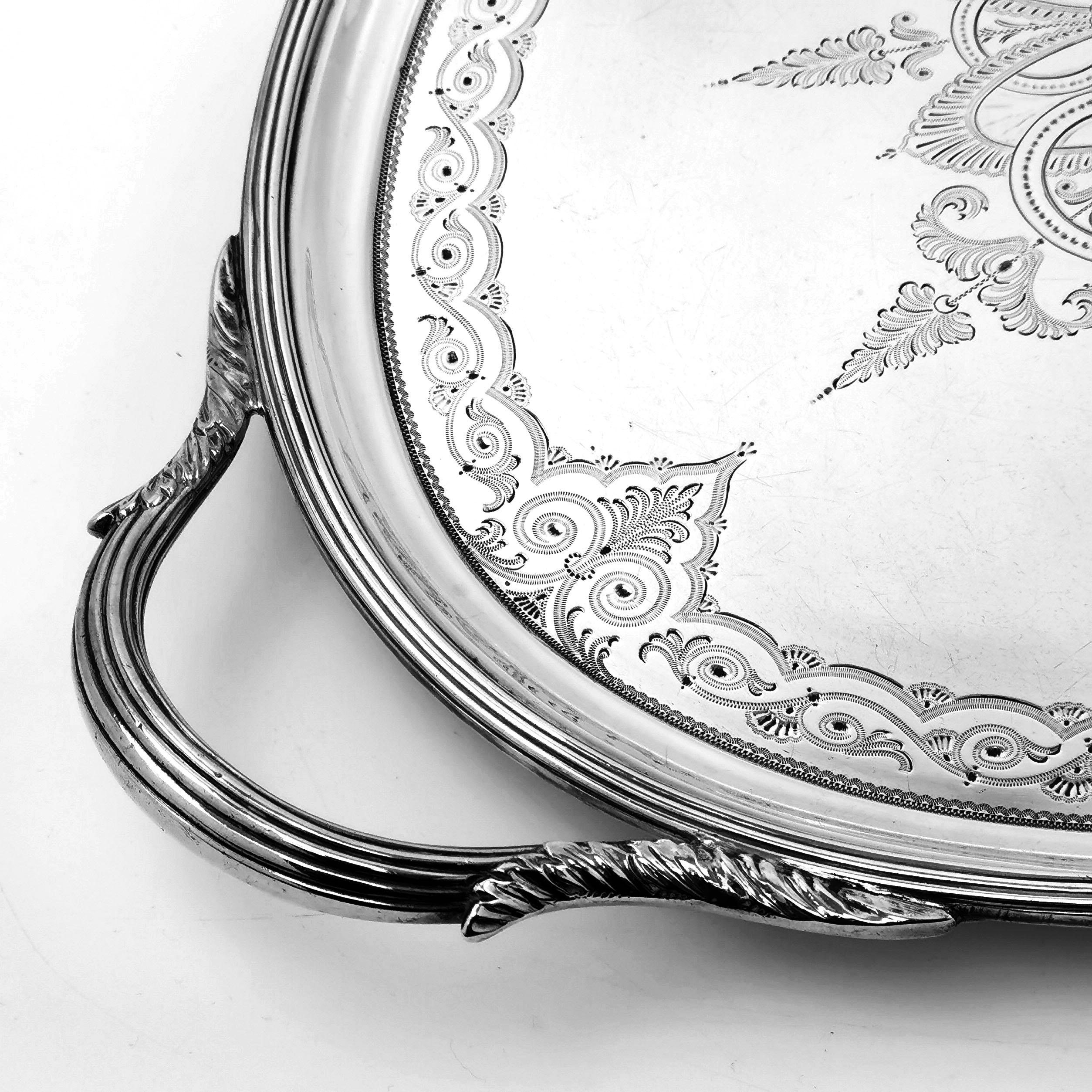 Antique Victorian Sterling Silver Oval Tray 1878 Tea Tray Serving Two Handled In Good Condition In London, GB