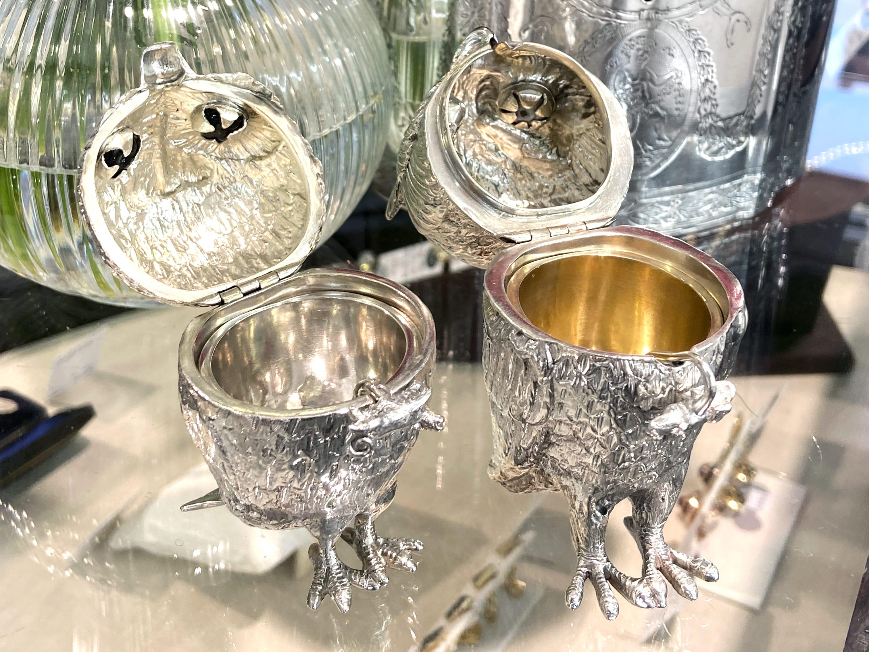English Antique Victorian Sterling Silver Owl Mustard Pot For Sale