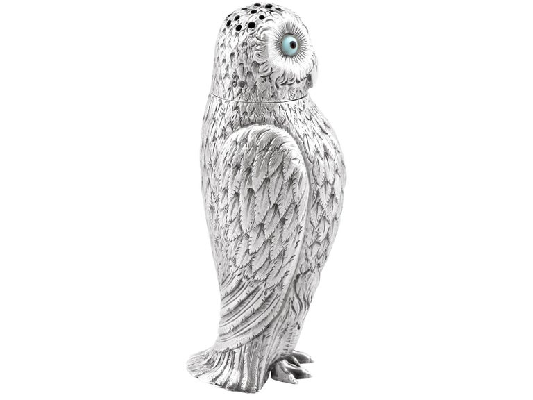 Late 19th Century Antique Victorian Sterling Silver Owl Pepperettes For Sale