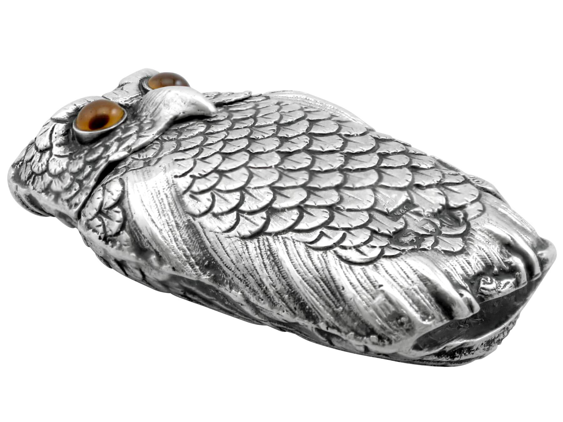 English Antique Victorian Sterling Silver Owl Vesta Case For Sale