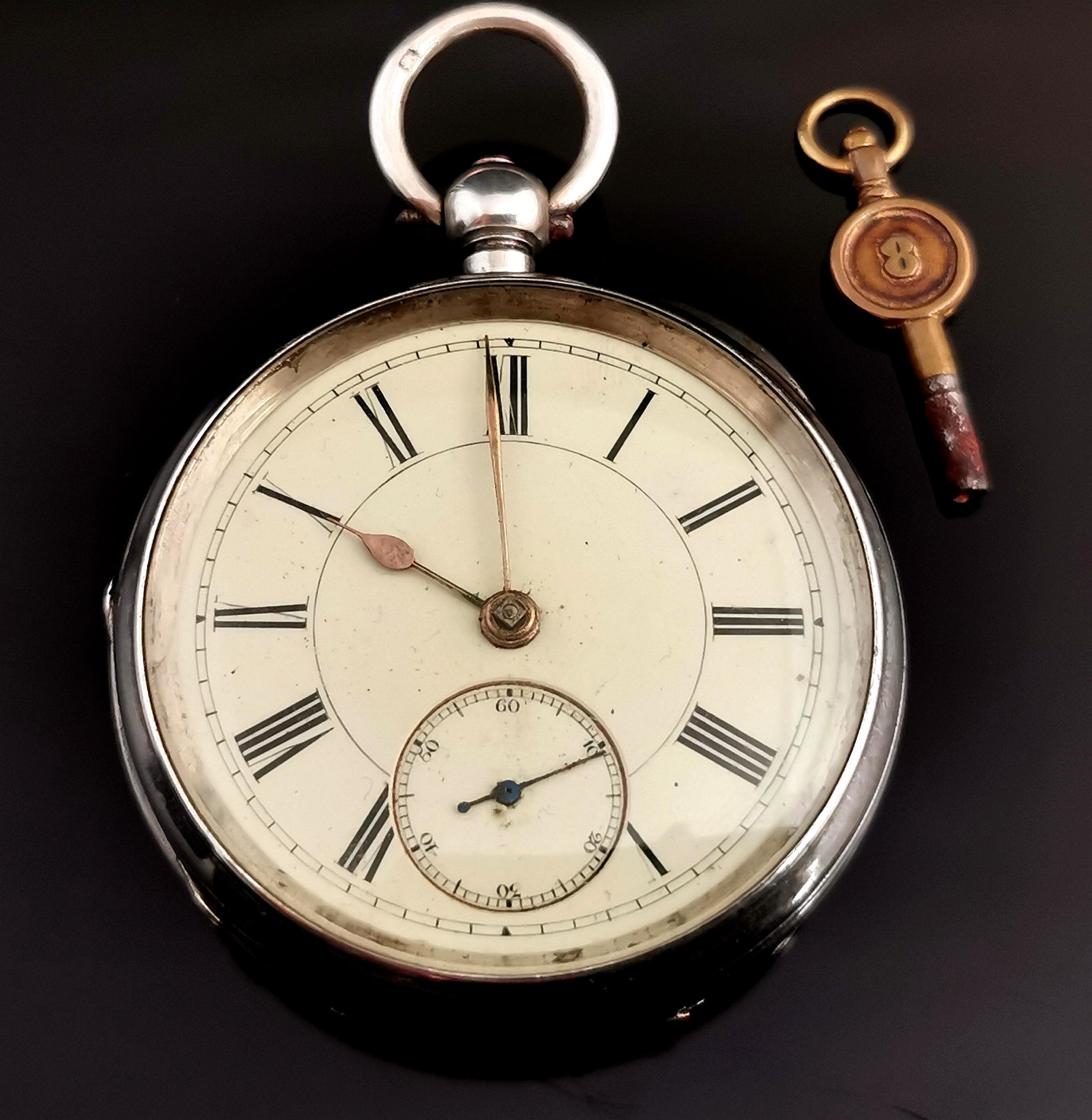 A handsome antique sterling silver cased pocket watch.

A Swiss Fusee movement, it is a well made watch with a heavy sterling silver case.

The case is fully hallmarked for sterling silver, Birmingham assay office, 1896, maker William Ehrhardt.

It