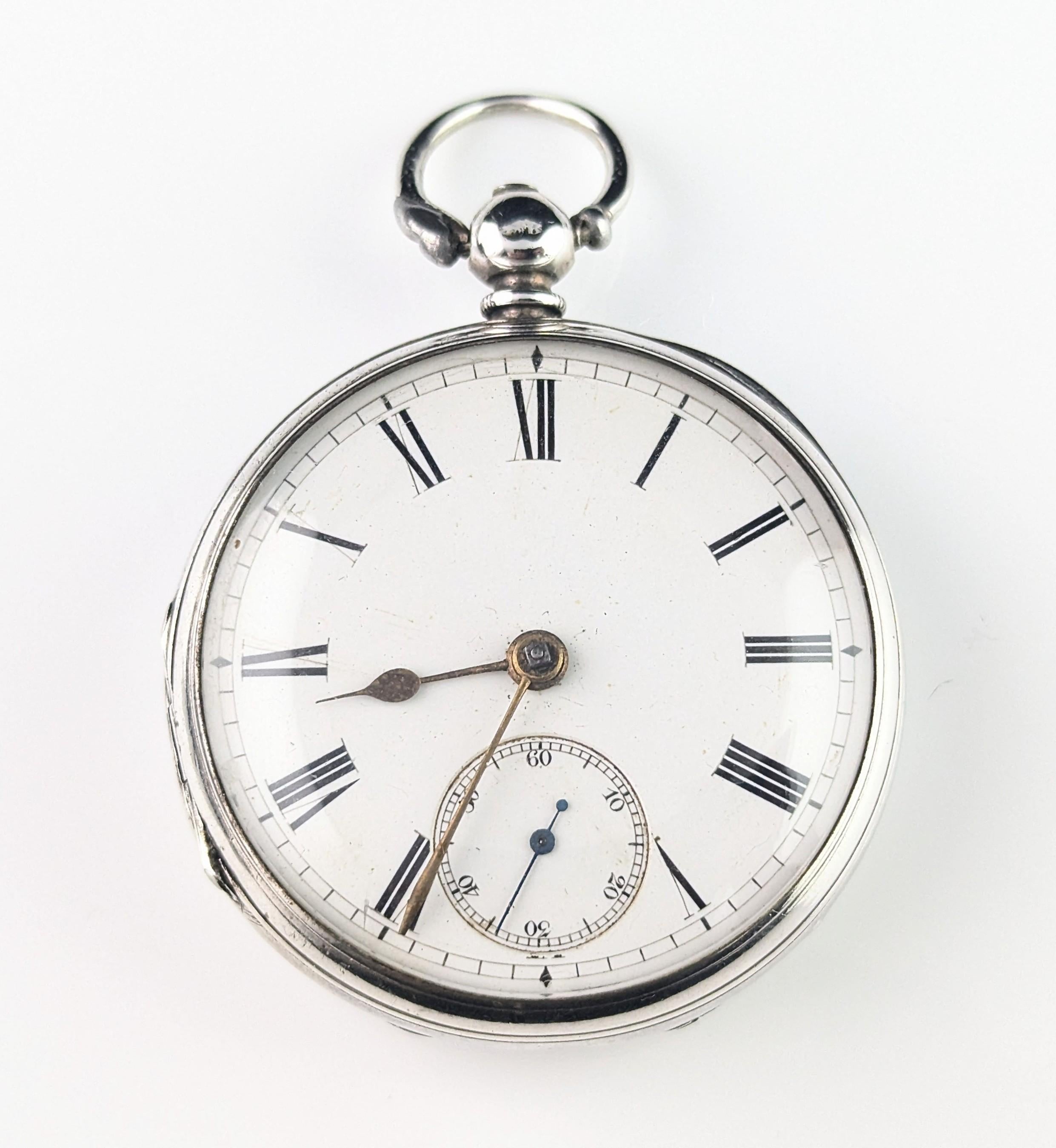 Antique Victorian sterling silver pocket watch, Key Wind 10