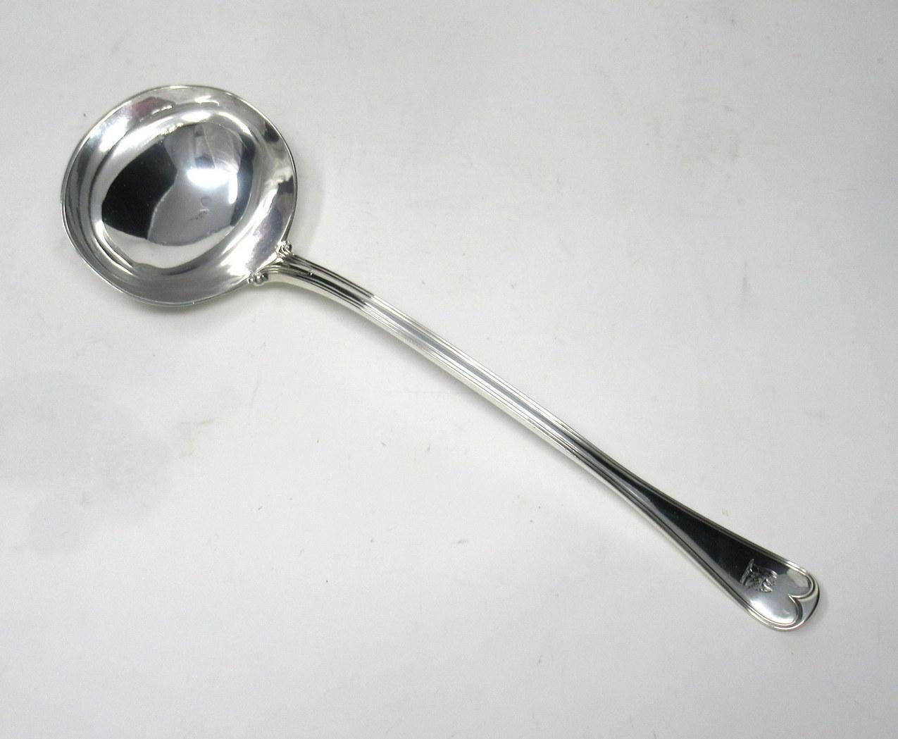 A very impressive crested English sterling silver soup ladle of exceptional quality and unusually heavy gauge and weight silver.

Of Hanoverian form and Rat Tail pattern.

Mark of GA Chawner & Co. George William Adams. Hosier Lane, Smithfield,