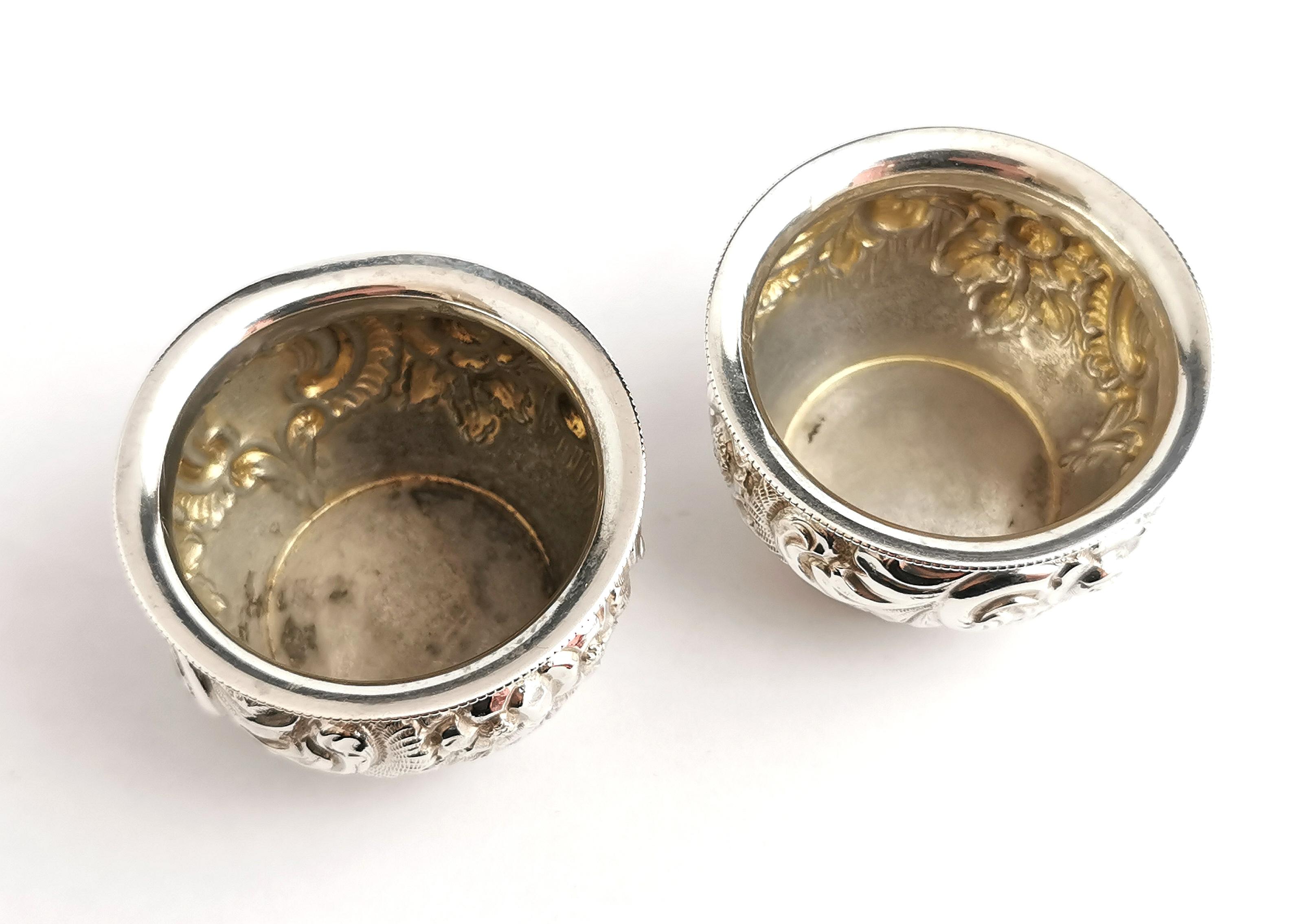 19th Century Antique Victorian Sterling Silver Salts, Repousse