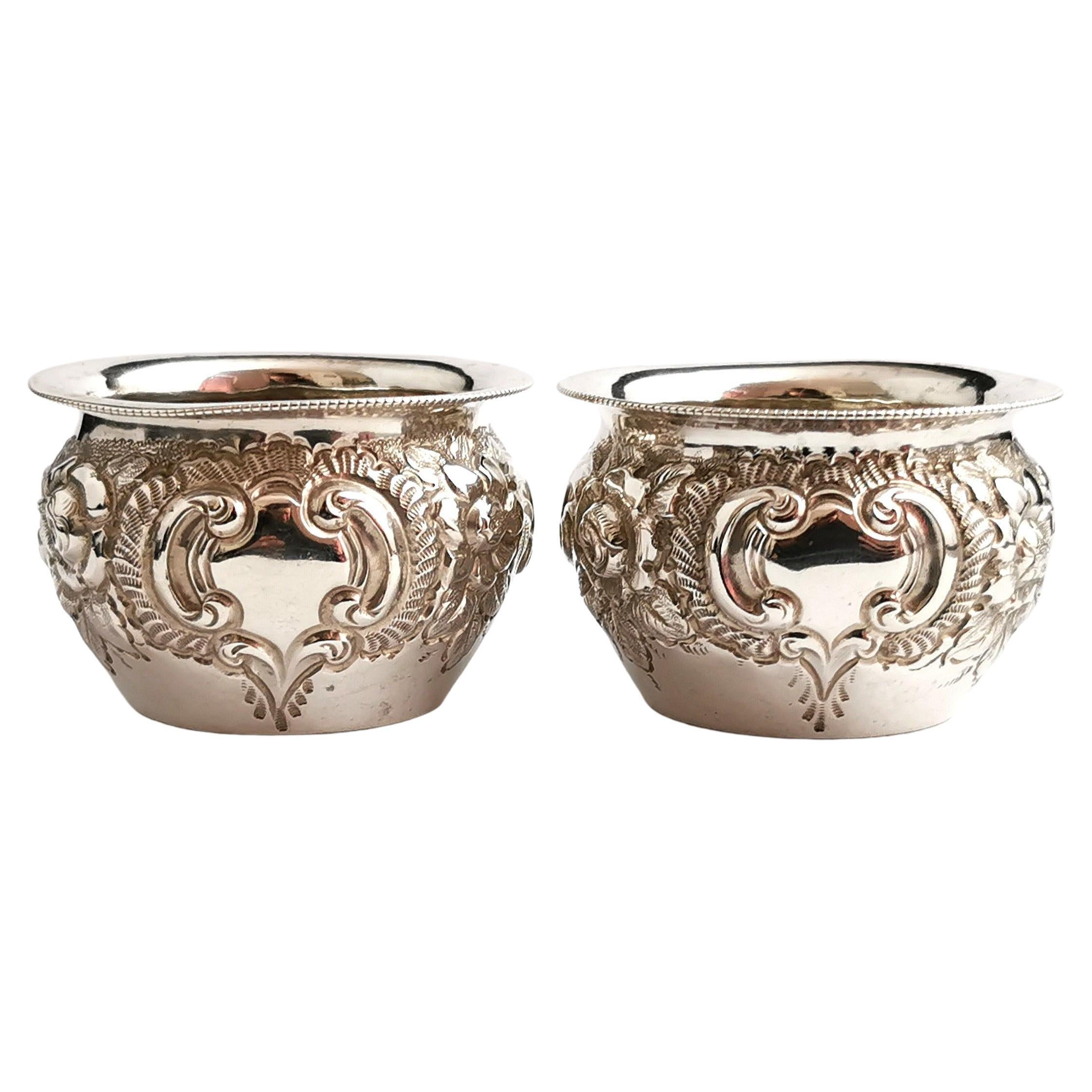 Antique Victorian Sterling Silver Salts, Repousse