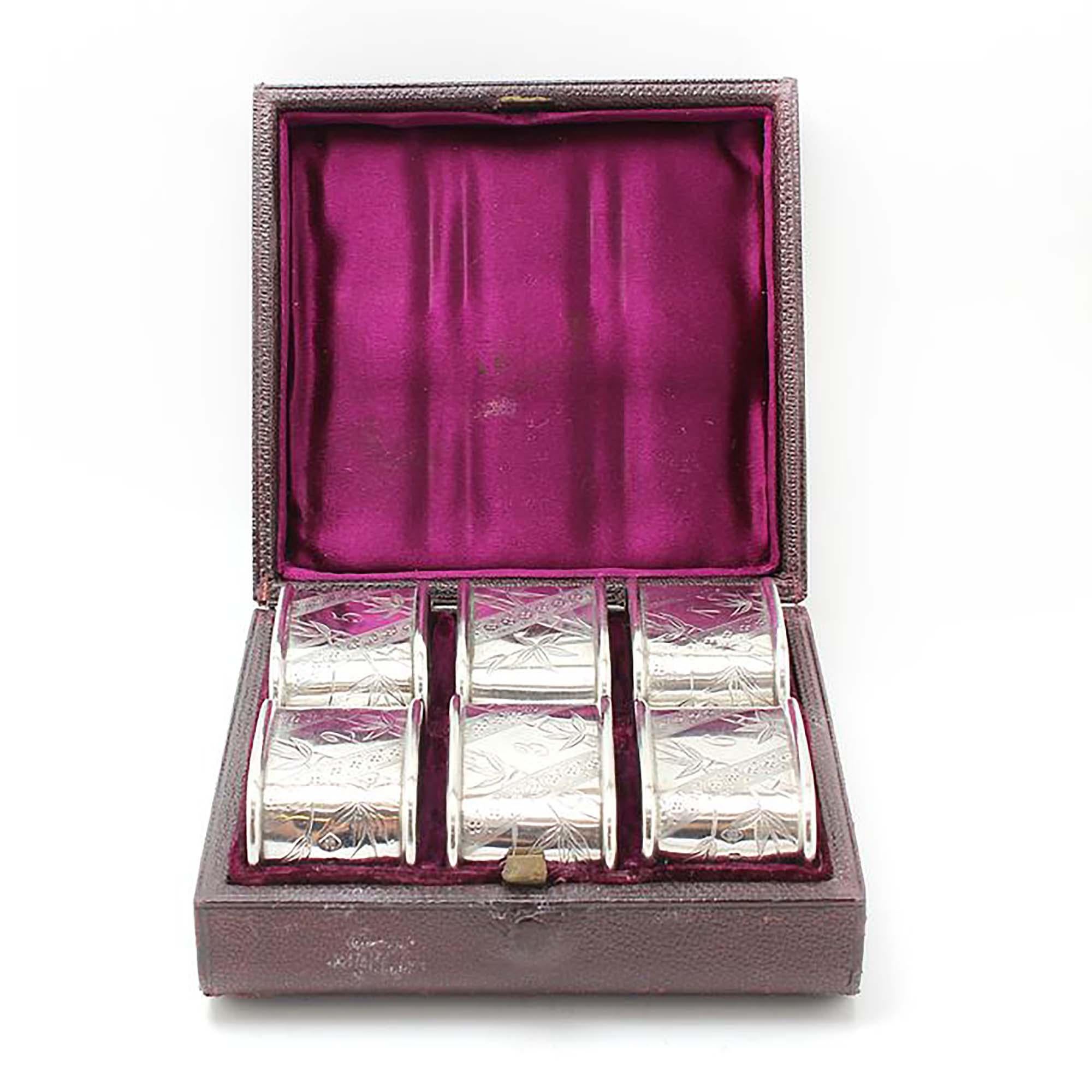 Antique Victorian sterling silver set of 6 unusual napkin rings.

 Decorated and engraved with various plant leaves. The napkin rings are also numbered with engravings 1 to 6.

They're not just for decoration! These are the perfect way to keep
