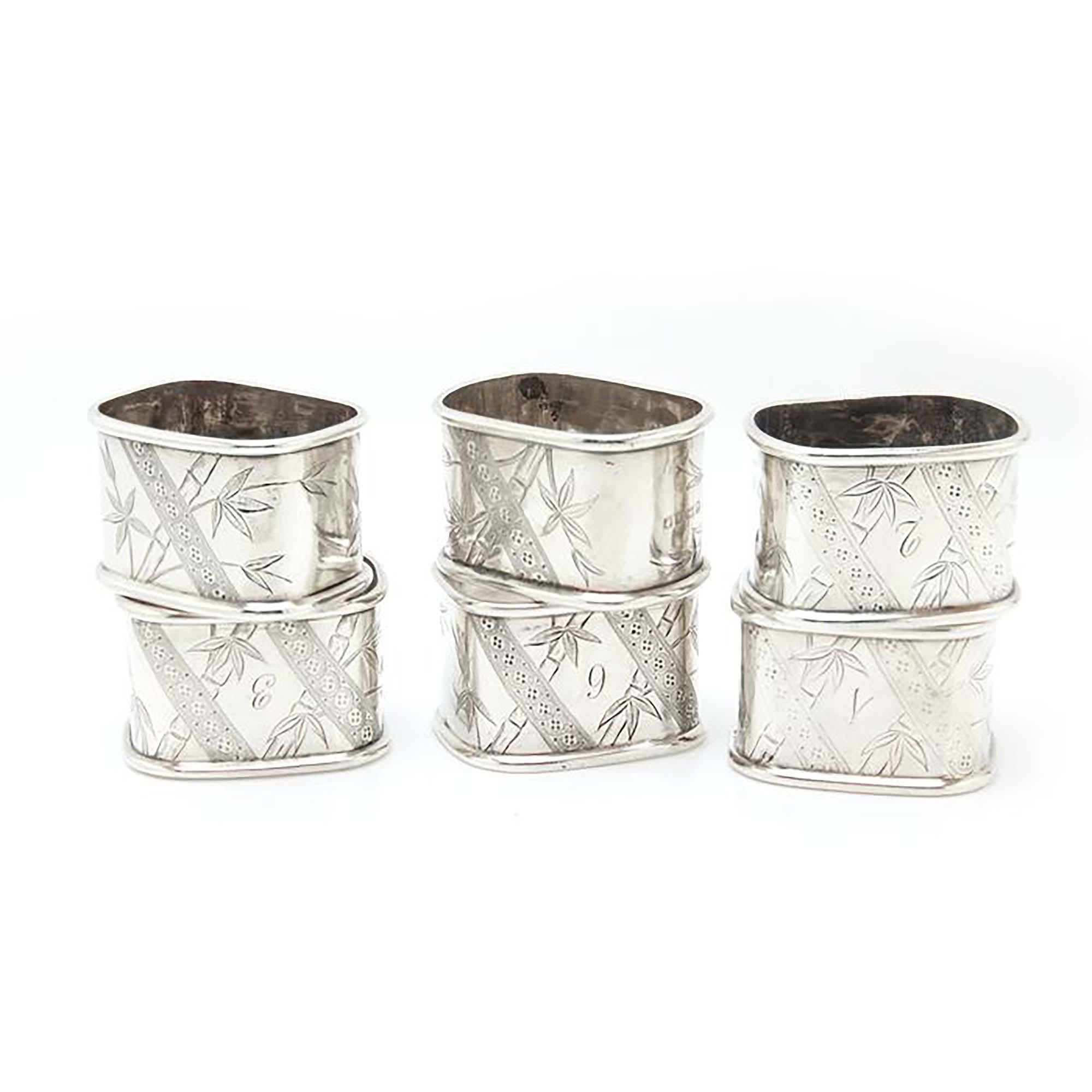 Antique Victorian Sterling Silver Set of 6 Unusual Napkin Rings In Good Condition For Sale In Braintree, GB