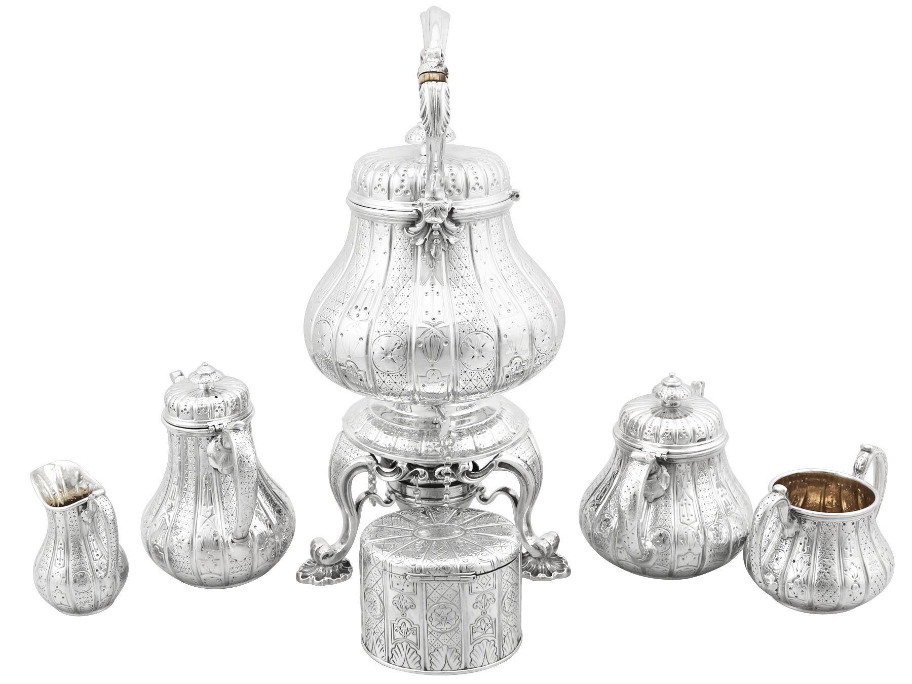 An exceptional, fine and impressive antique Victorian English sterling silver six piece bachelor tea and coffee service; an addition to our silver teaware collection

This exceptional antique Victorian six piece sterling silver tea service / set