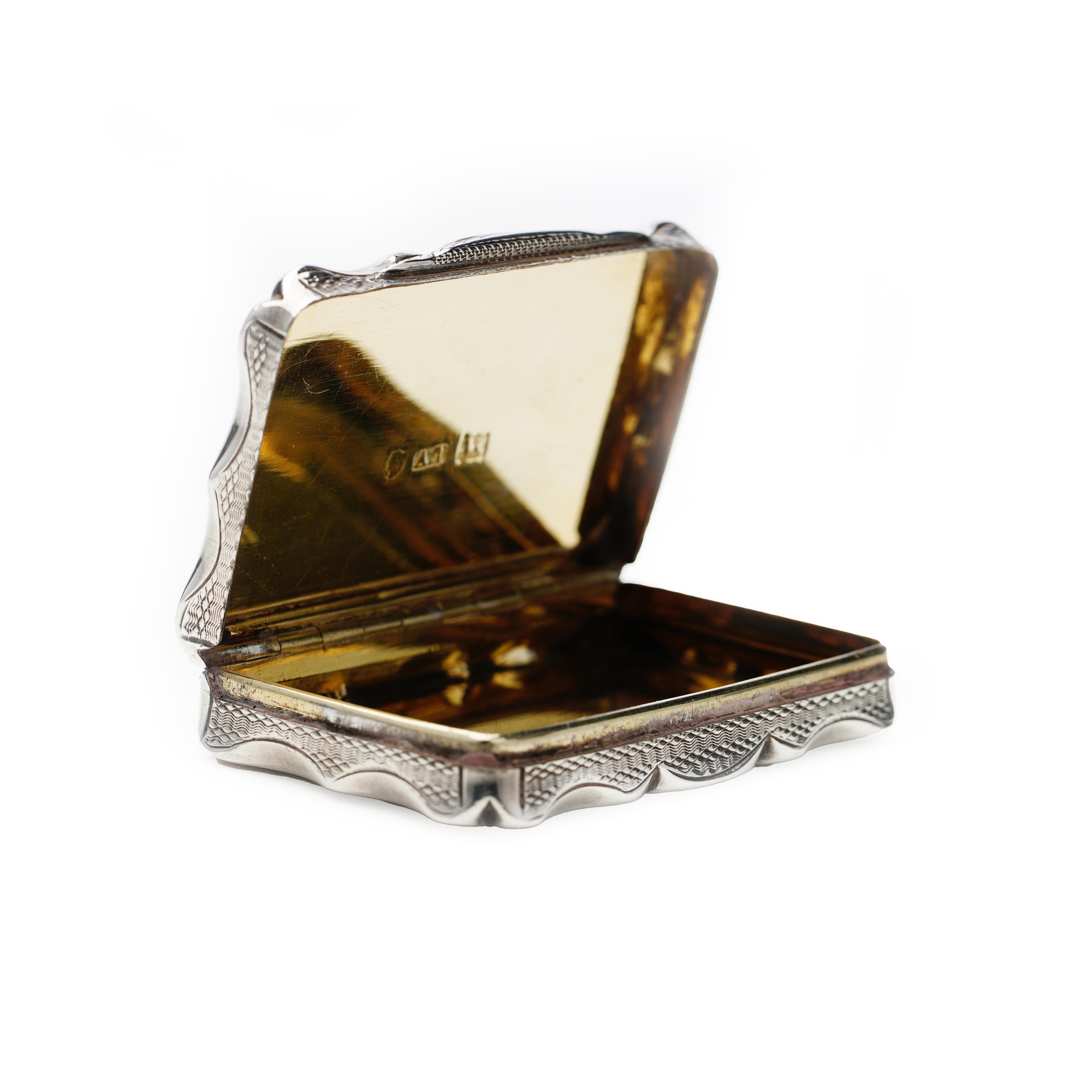 Antique Victorian sterling silver small box with gilded interior. 
Made in Birmingham, 1860
Maker : Alfred Taylor
Fully hallmarked.

Approx Dimensions - 
Size : 6 x 4 x 1 cm 
Weight : 44 grams

Condition: Age related wear and tear, good