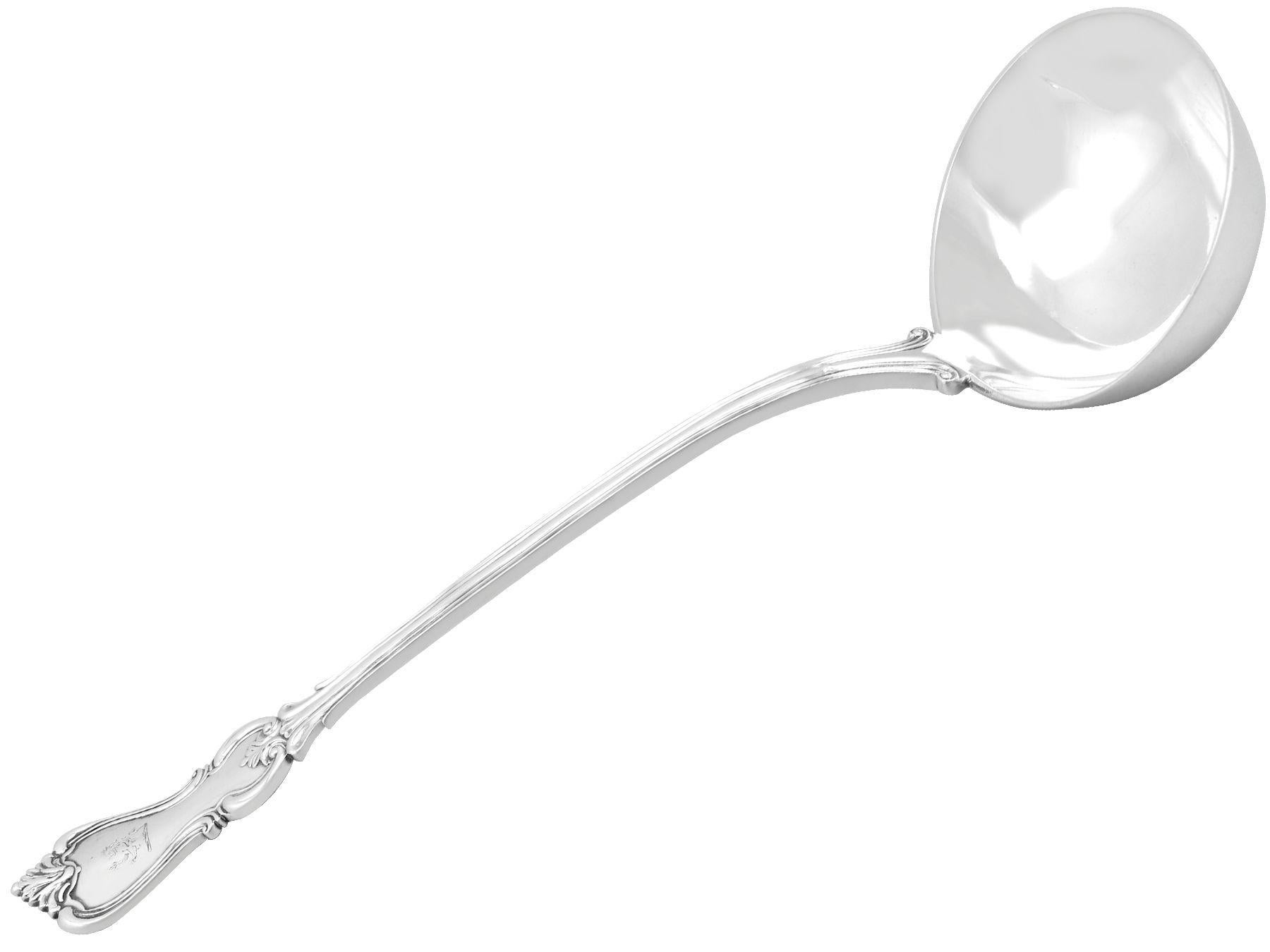 An exceptional, fine and impressive antique Victorian English sterling silver soup ladle; an addition to our silver cutlery collection

This exceptional antique Victorian sterling silver soup ladle has been crafted in the Albert pattern.

The