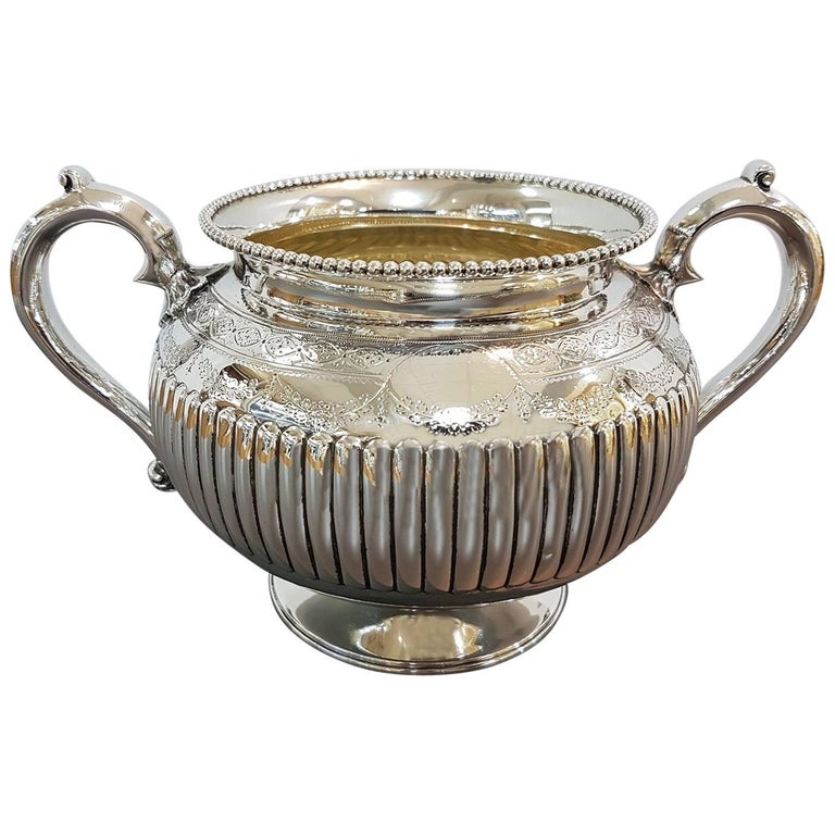 Antique Victorian Sterling Silver Sugar Bowl with Half Fluted