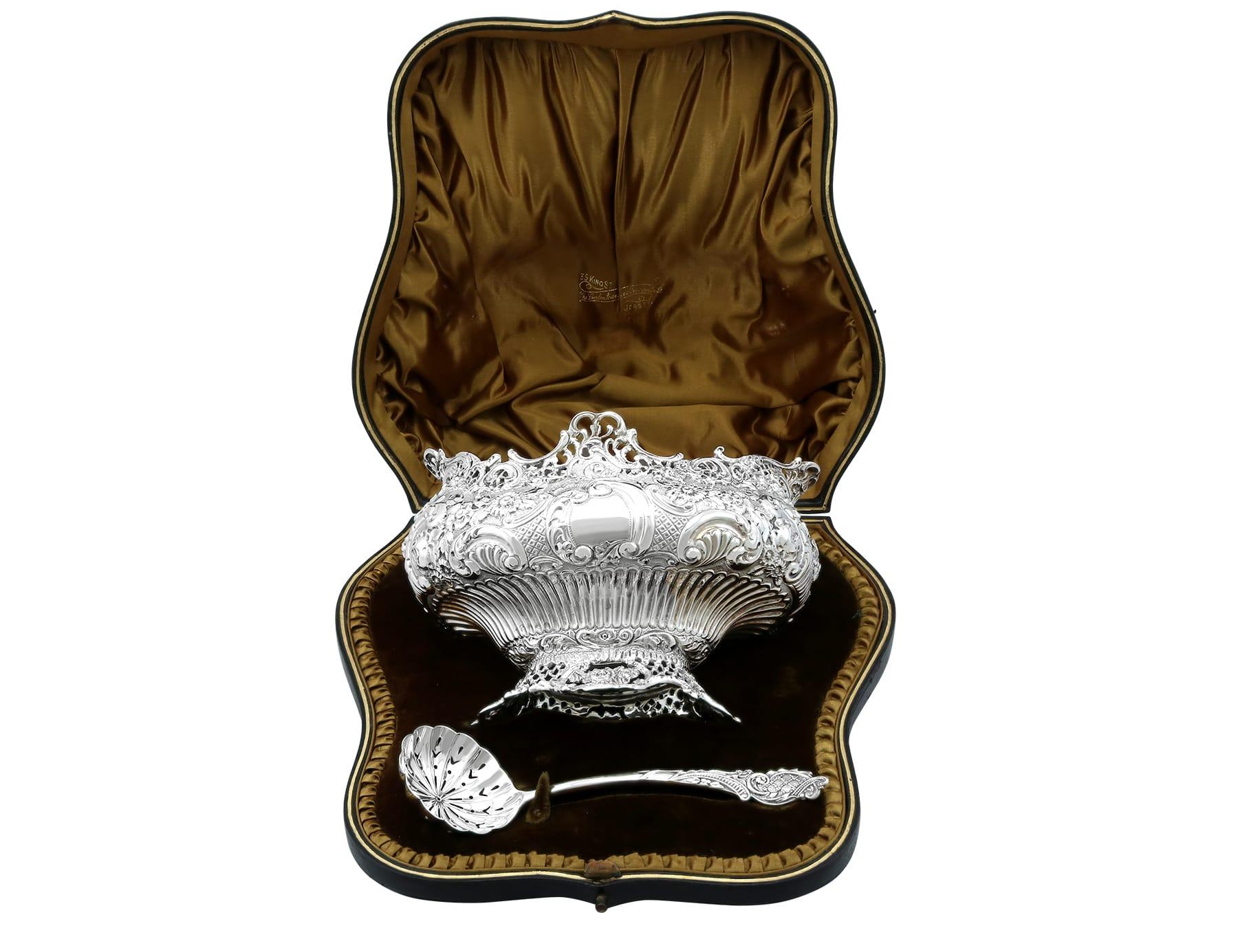 Cuchara y azucarero victorianos antiguos de plata de ley (1898)