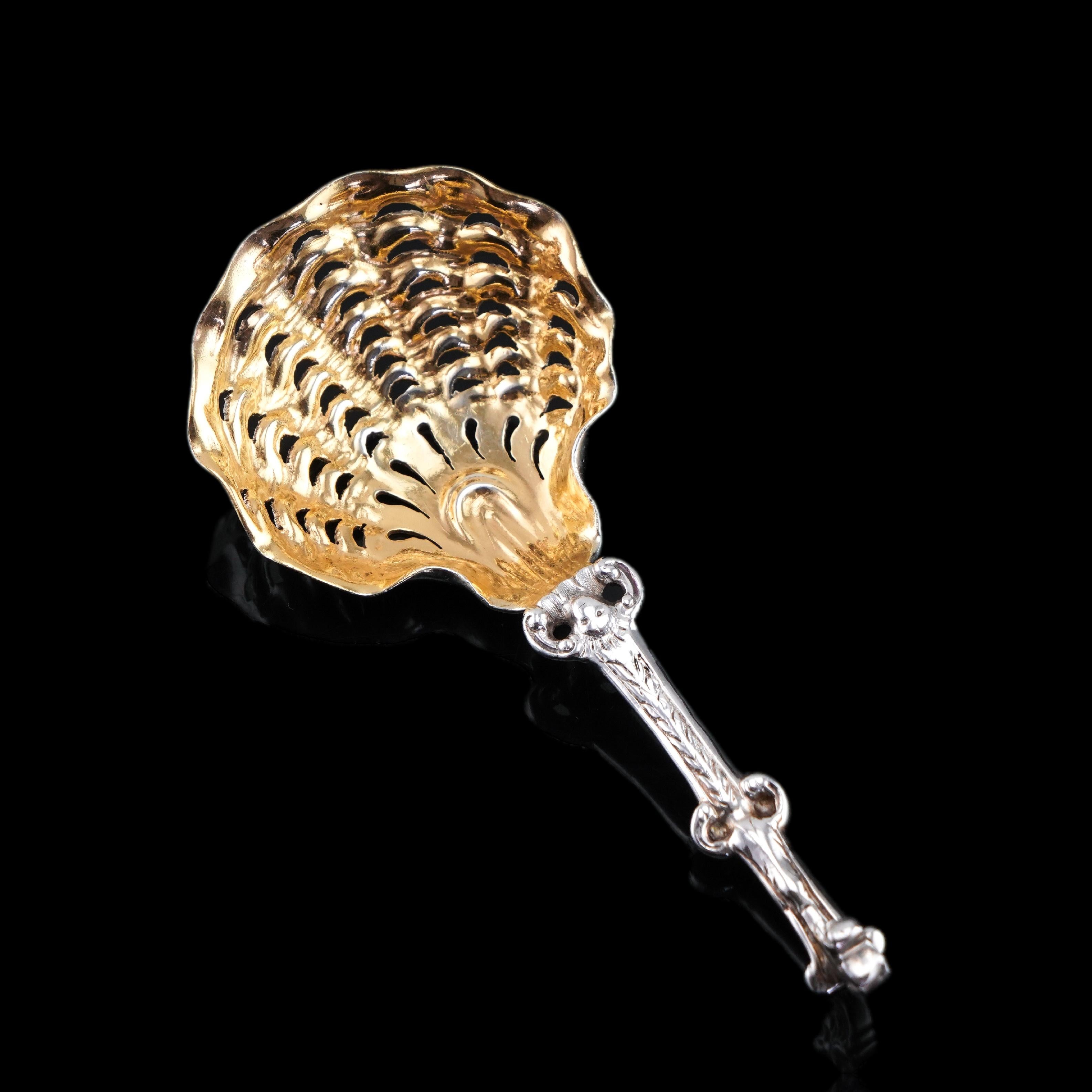 19th Century Antique Victorian Sterling Silver Sugar Spoon Oyster Shell - George Fox 1867 For Sale