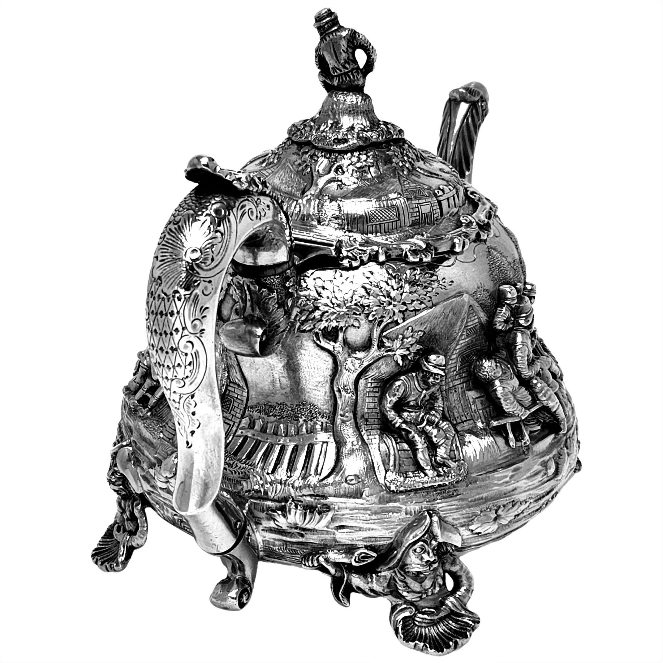 Antique Victorian Sterling Silver Teapot Teniers Style 1839 In Good Condition In London, GB