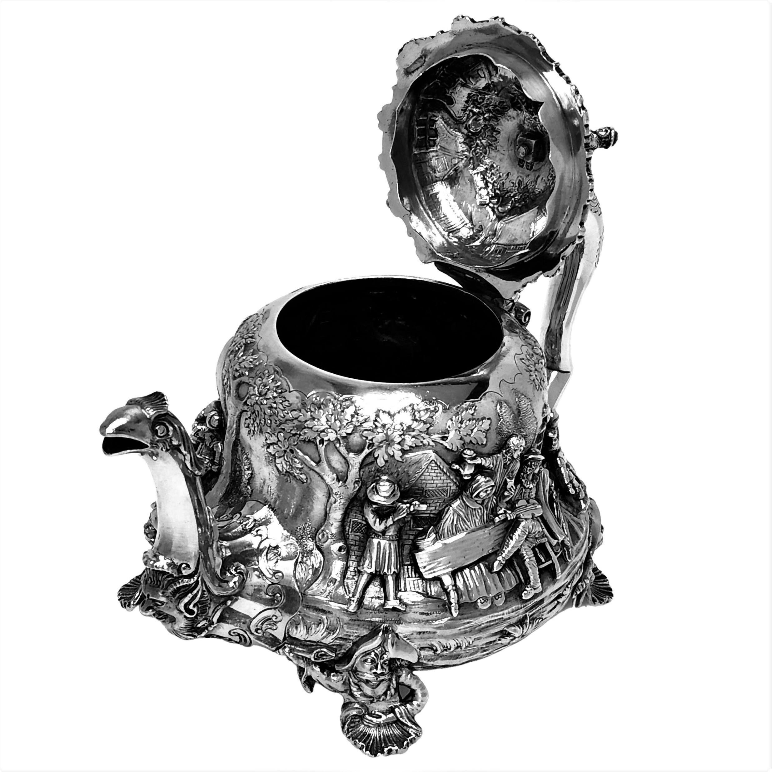 19th Century Antique Victorian Sterling Silver Teapot Teniers Style 1839