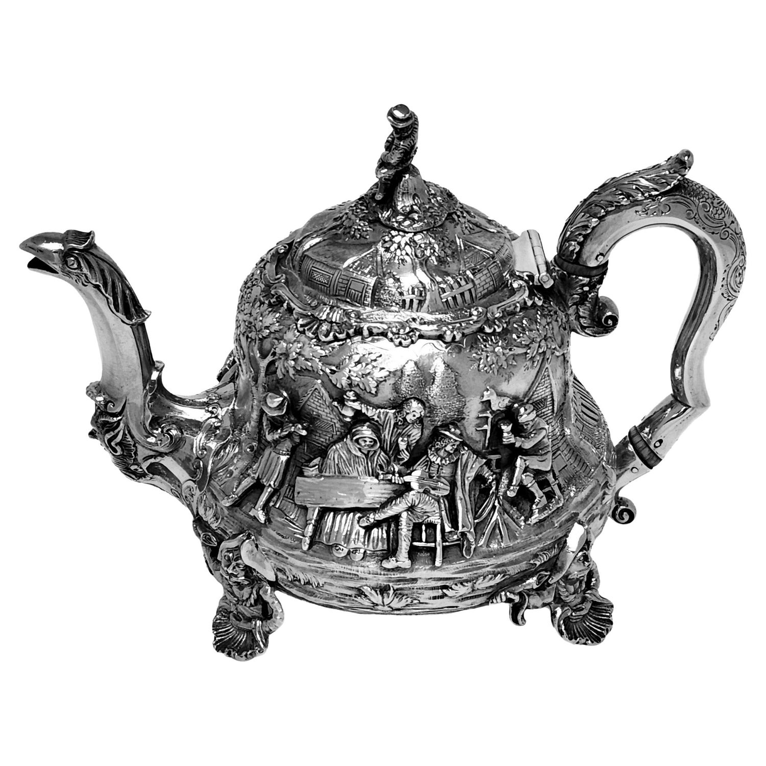 Antique Victorian Sterling Silver Teapot Teniers Style, 1839