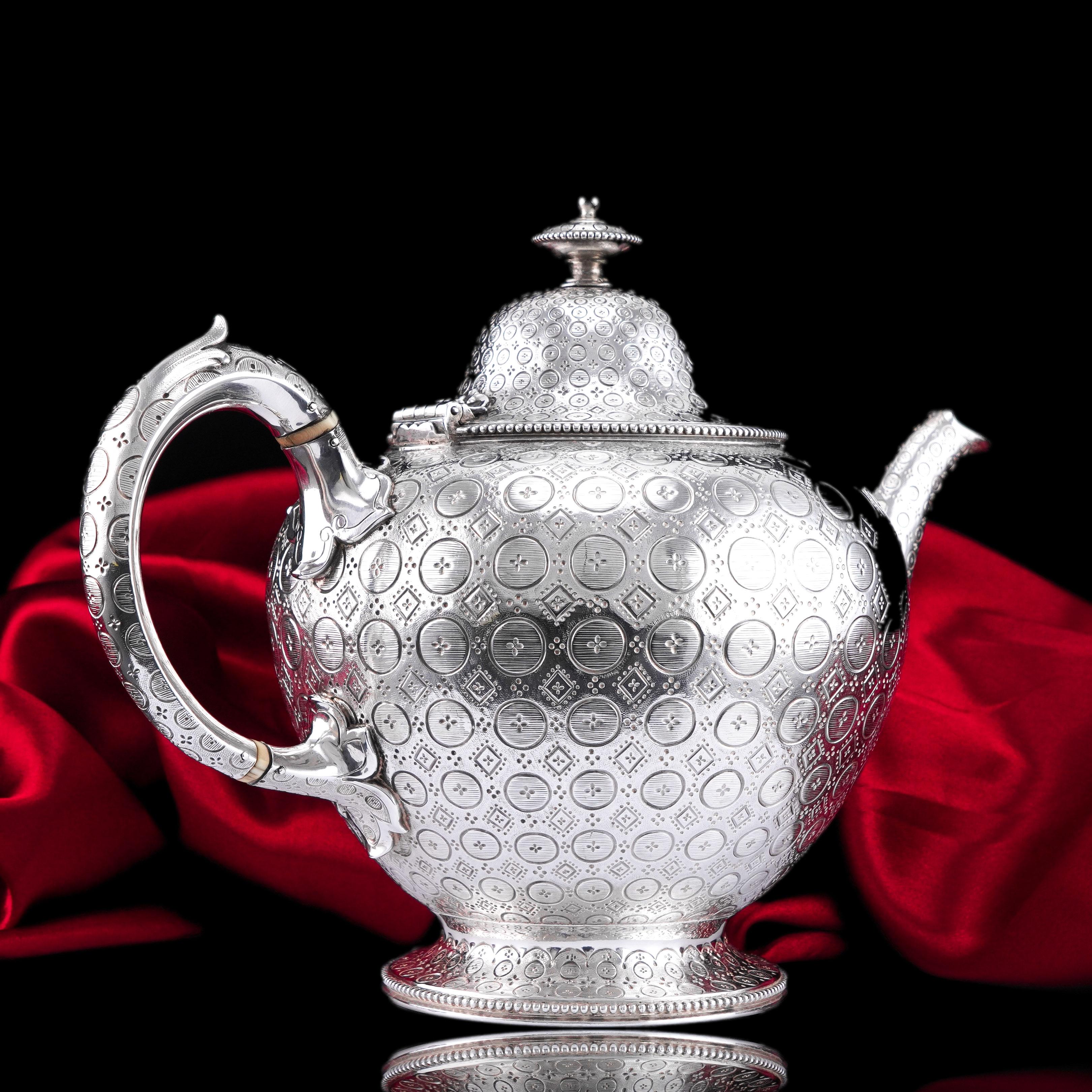 Antique Victorian Sterling Silver Teapot with Rare Dotted Pattern Barnards 1863 For Sale 10