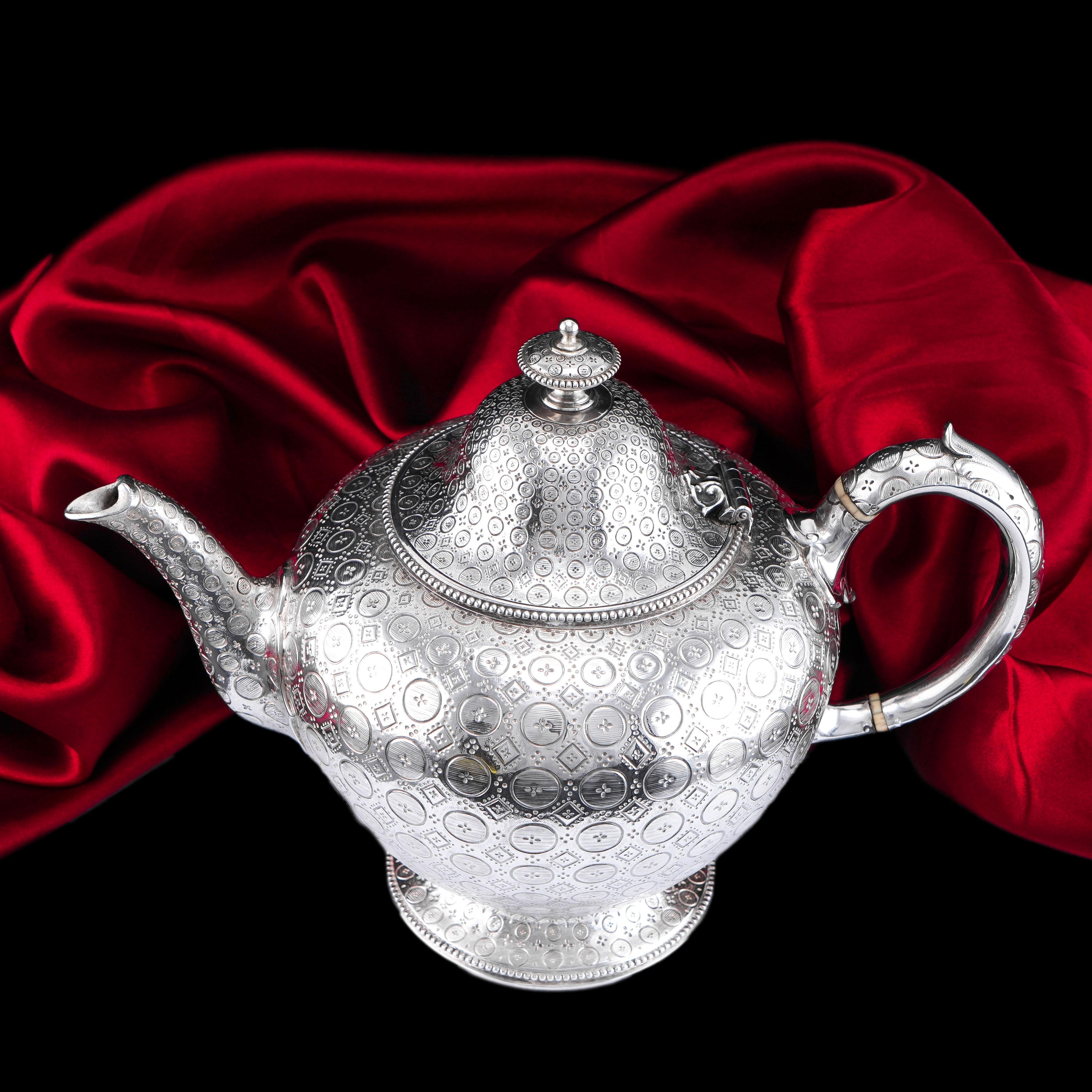 Antique Victorian Sterling Silver Teapot with Rare Dotted Pattern Barnards 1863 For Sale 13