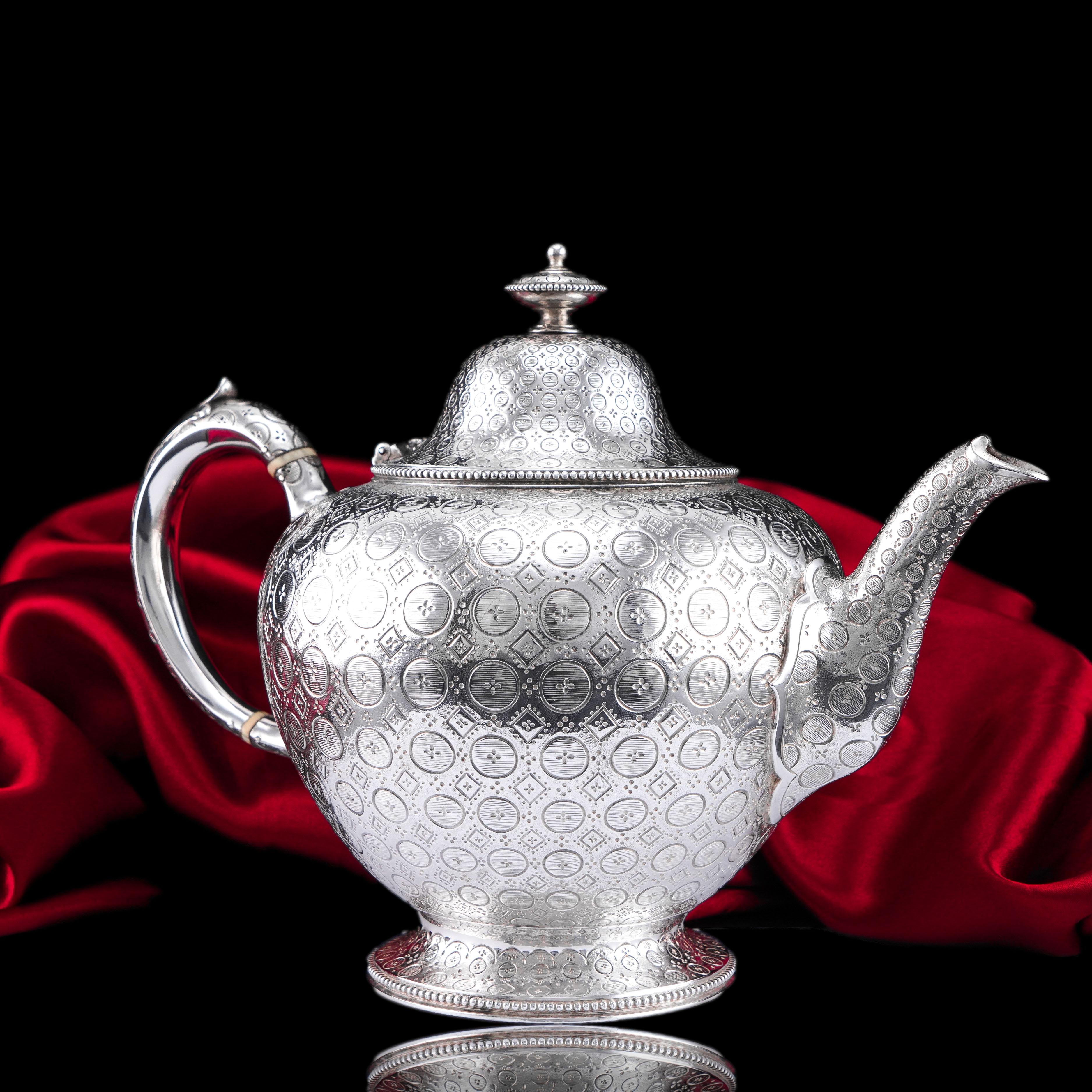 19th Century Antique Victorian Sterling Silver Teapot with Rare Dotted Pattern Barnards 1863 For Sale