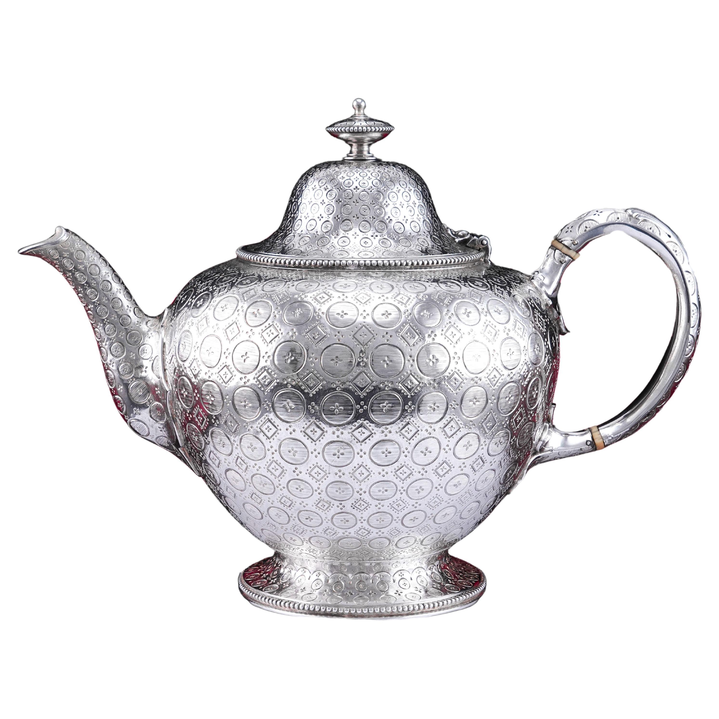Antique Victorian Sterling Silver Teapot with Rare Dotted Pattern Barnards 1863 For Sale