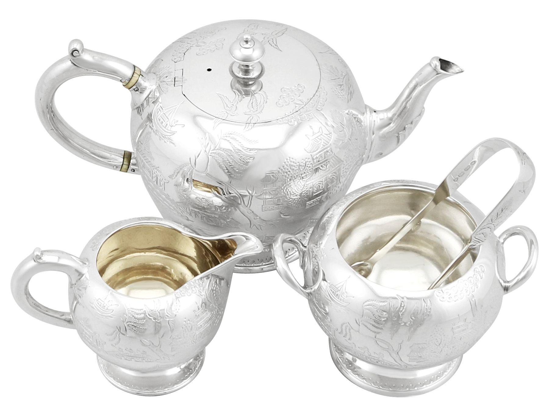 An exceptional, fine and impressive antique Victorian English sterling silver three-piece bachelor tea set or service, boxed, an addition to our diverse silver tea ware collection.

This exceptional antique Victorian sterling silver three-piece