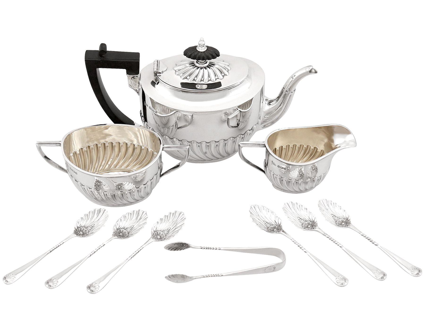 A fine and impressive antique Victorian English sterling silver three piece tea service/set - boxed; part of our silver teaware collection

This impressive antique Victorian English sterling silver three piece sterling silver tea service consists of