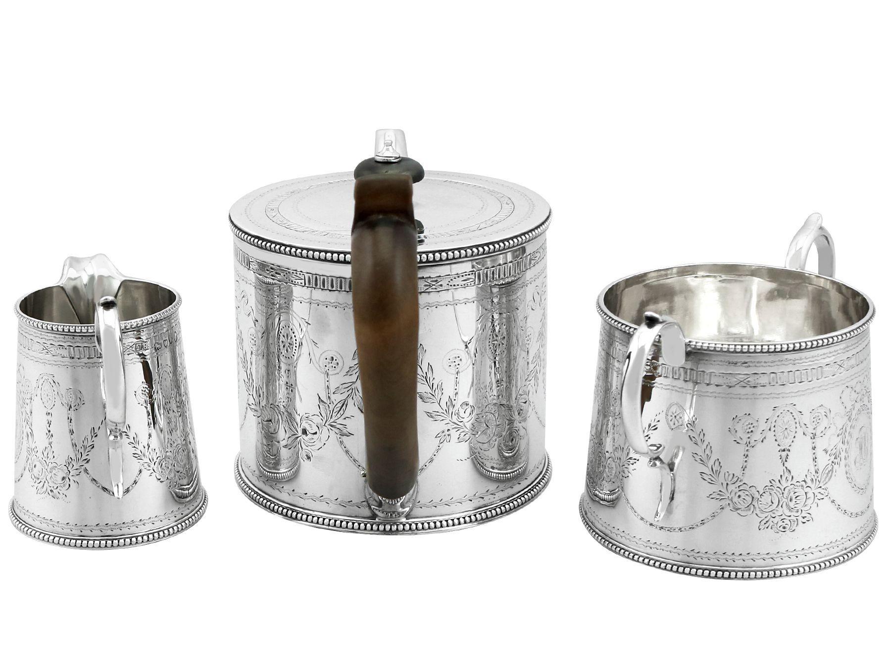 An exceptional, fine and impressive antique Victorian English sterling silver three piece bachelor tea service/set; an addition to our silver teaware collection

This antique Victorian sterling silver three piece bachelor tea service/set consists of