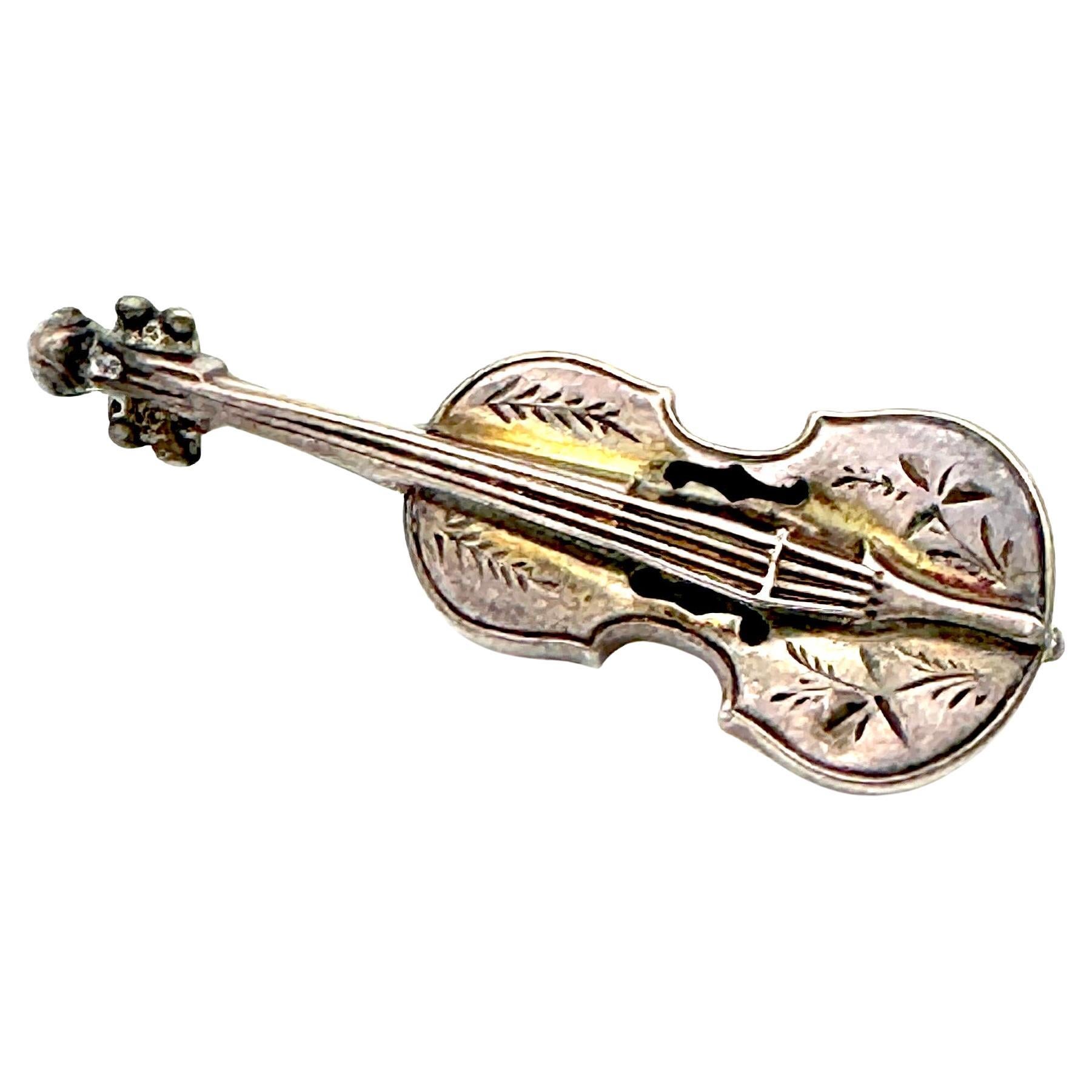 Antique Victorian Sterling Silver Violin Brooch Birmingham 1892 Hallmark