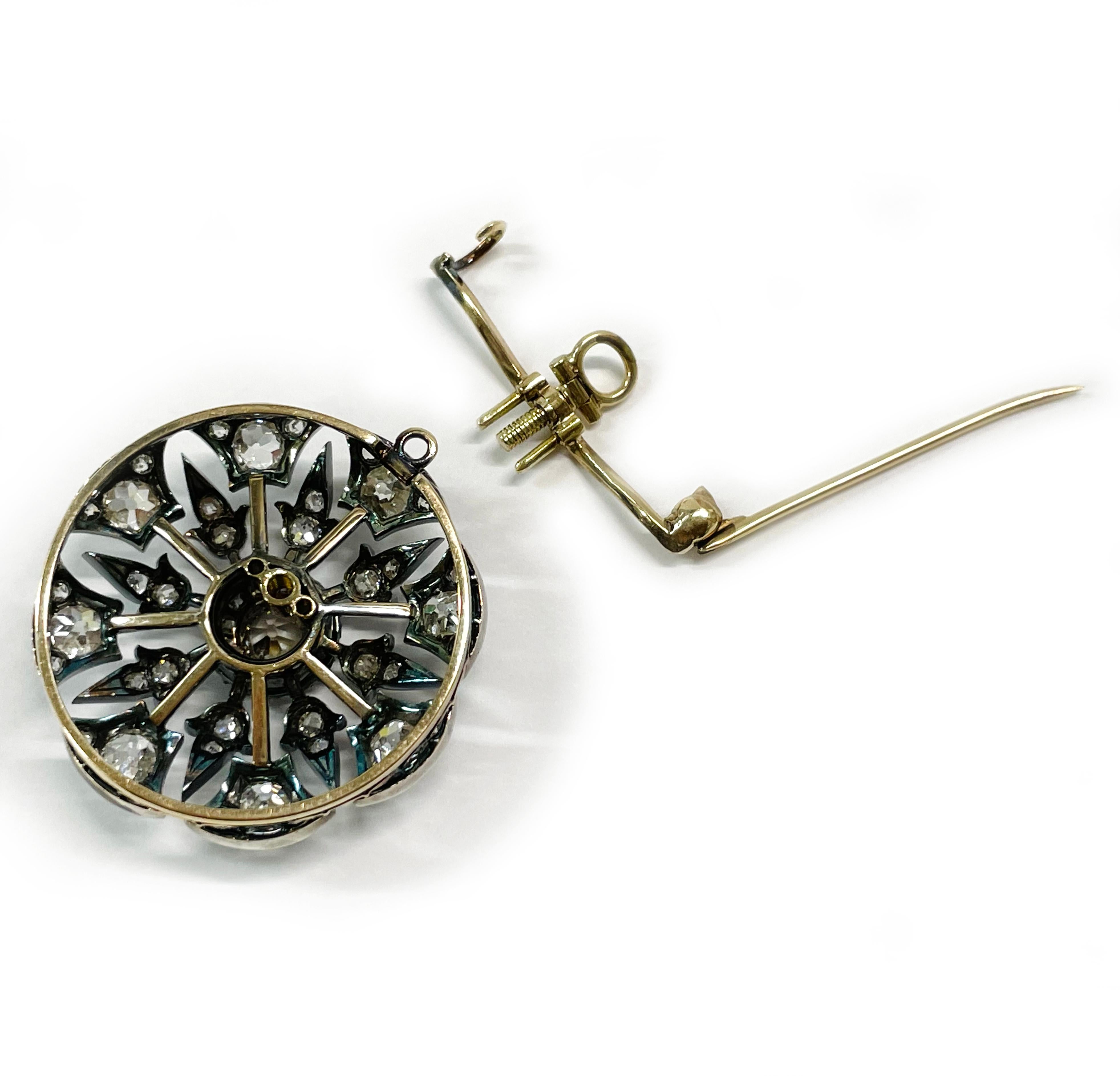 Victorian Duo-Tone Euro-Cut Diamond Pendant Mourning Brooch For Sale 2