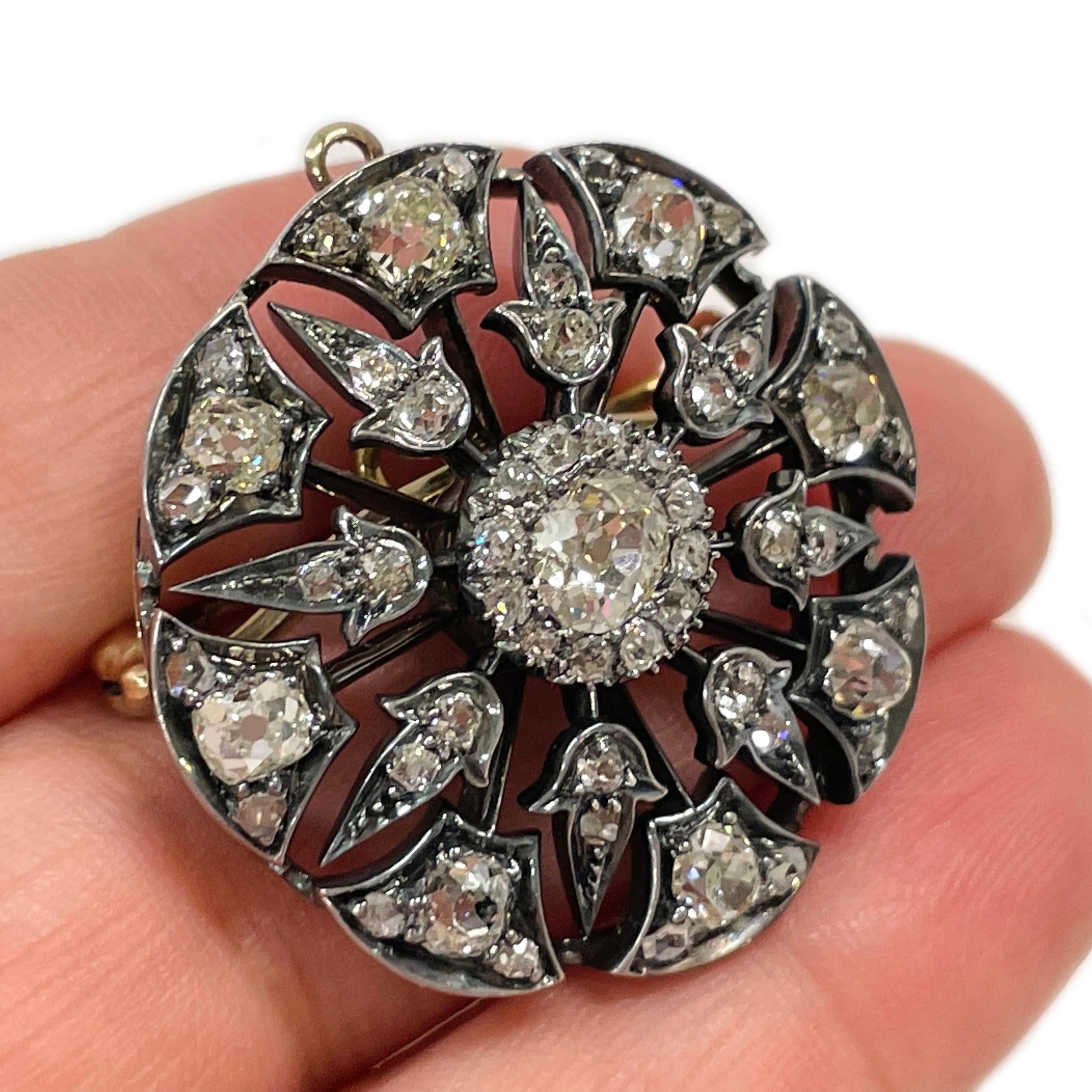 Victorian Duo-Tone Euro-Cut Diamond Pendant Mourning Brooch For Sale 3
