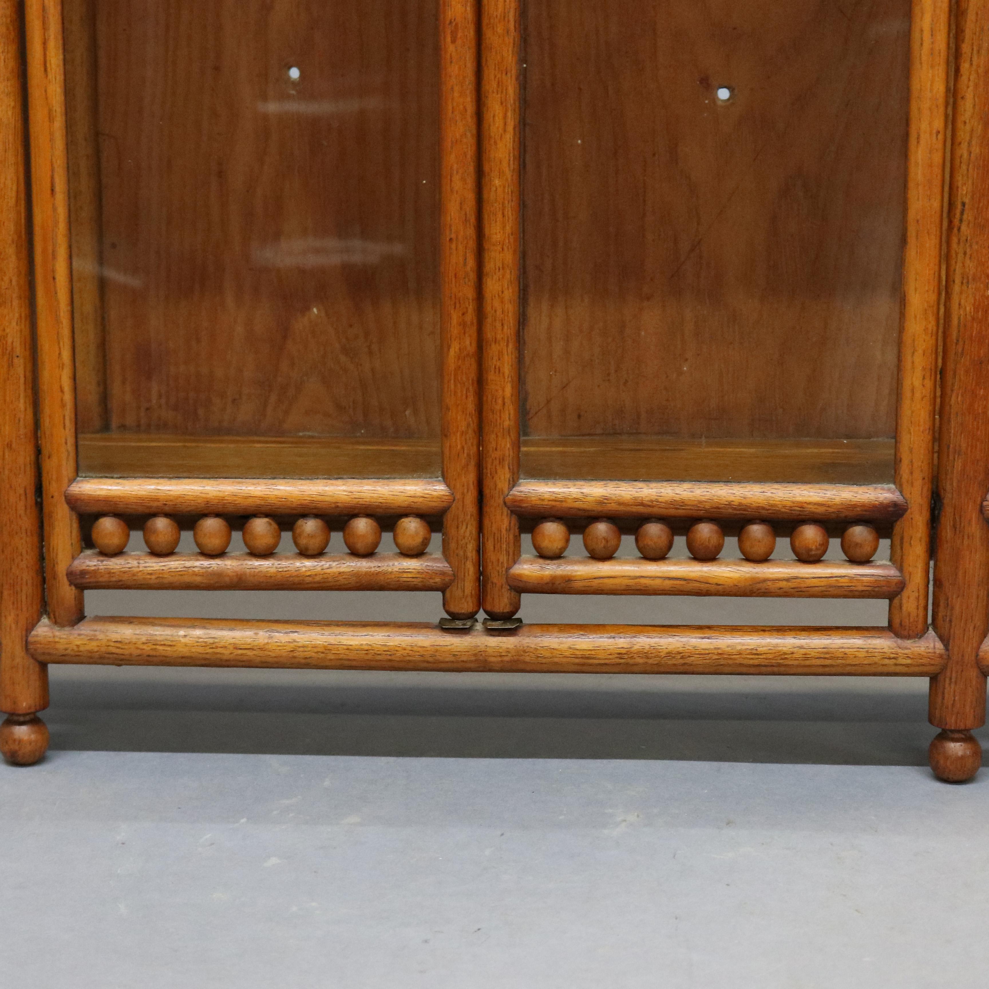 Glass Antique Victorian Stick & Ball Oak Hanging Demilune Wall Display Cabinet, c1900