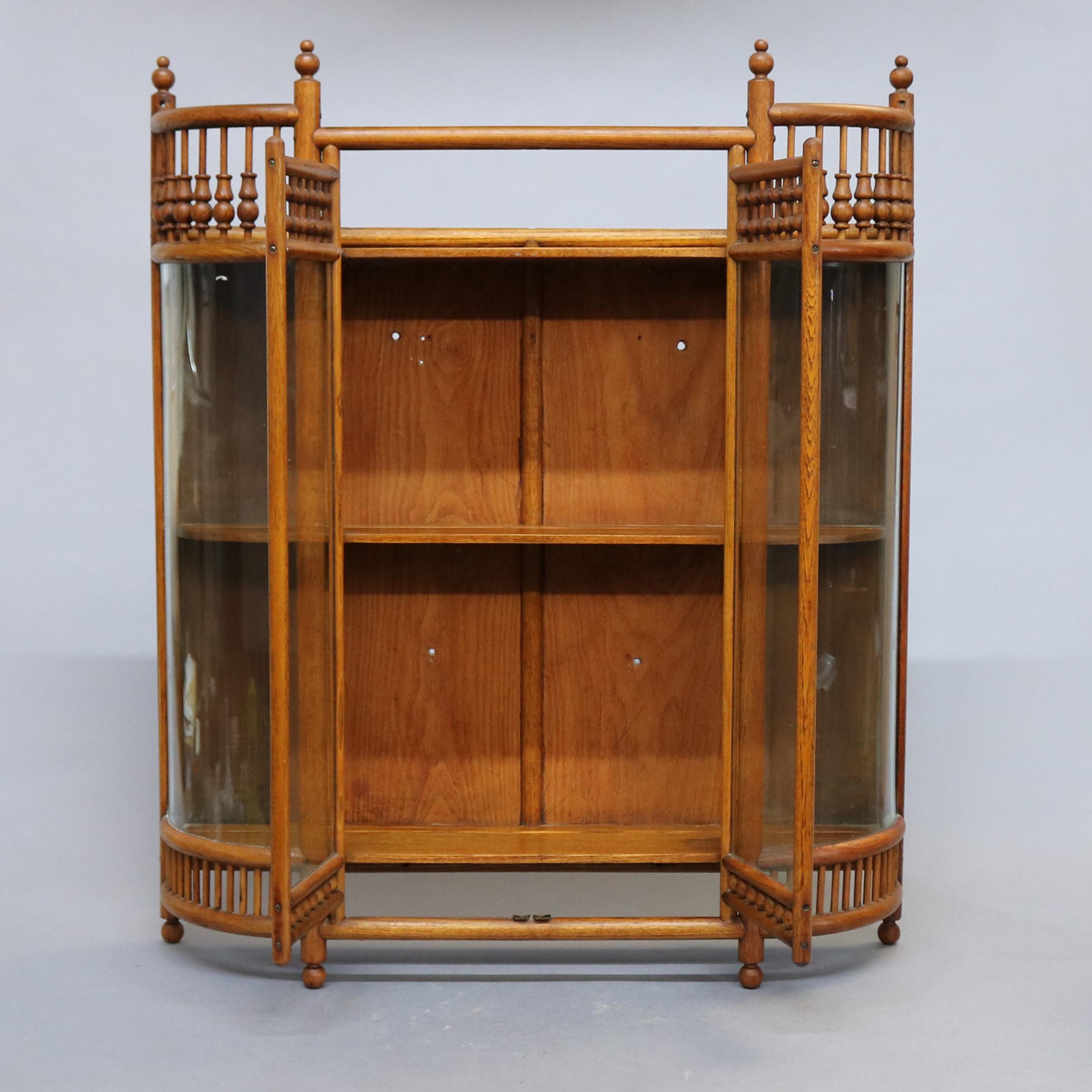 Antique Victorian Stick & Ball Oak Hanging Demilune Wall Display Cabinet, c1900 2