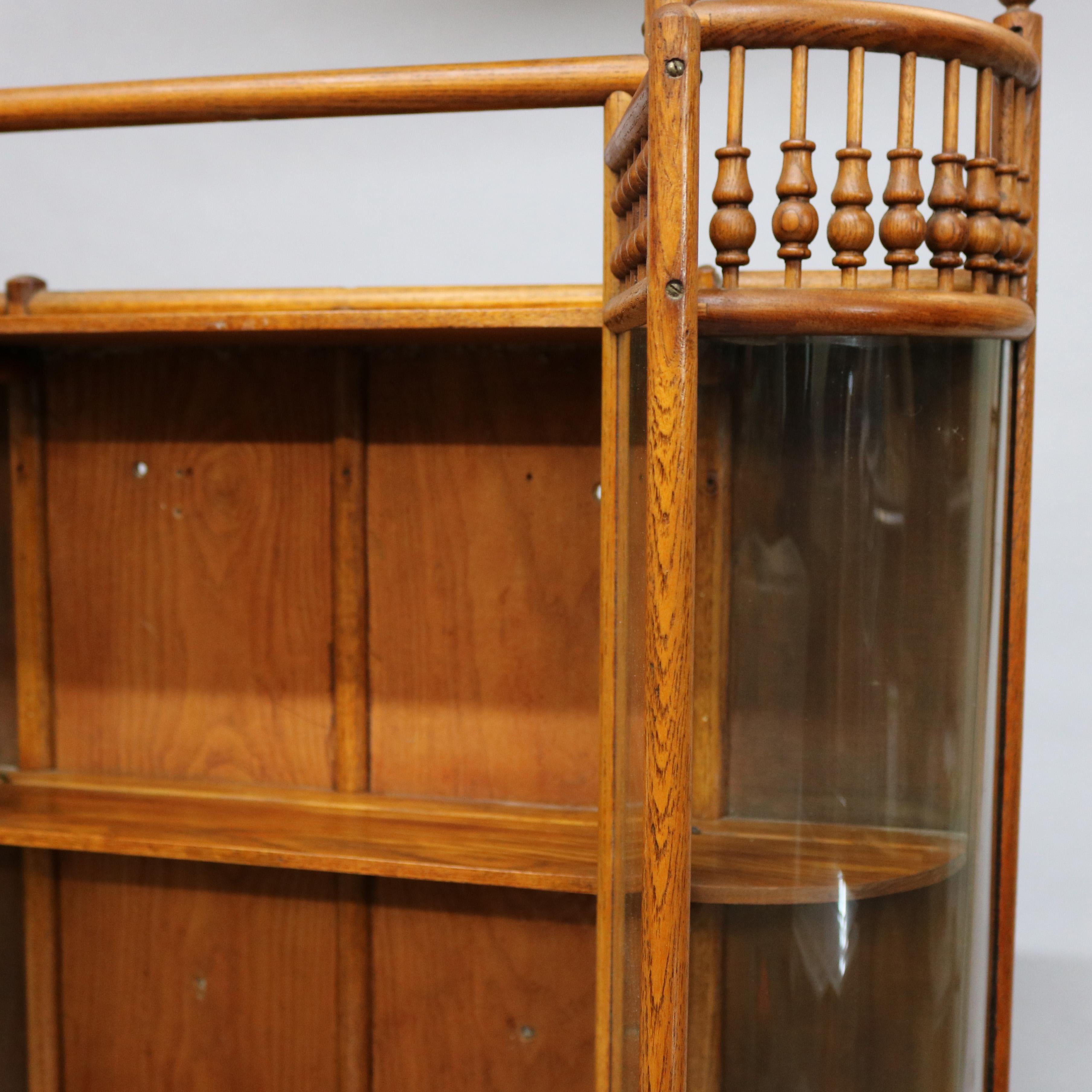 Antique Victorian Stick & Ball Oak Hanging Demilune Wall Display Cabinet, c1900 4