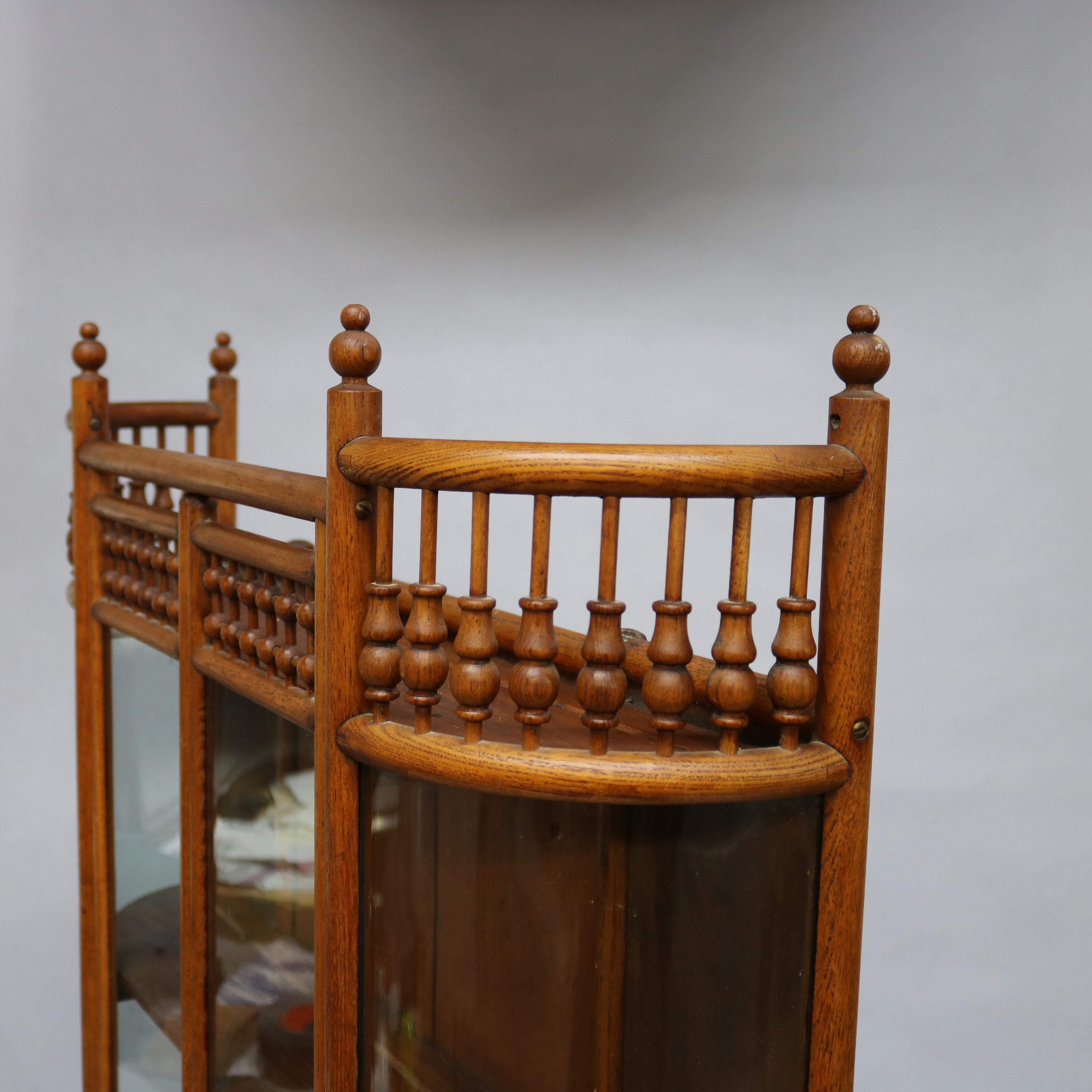 Carved Antique Victorian Stick & Ball Oak Hanging Demilune Wall Display Cabinet, c1900